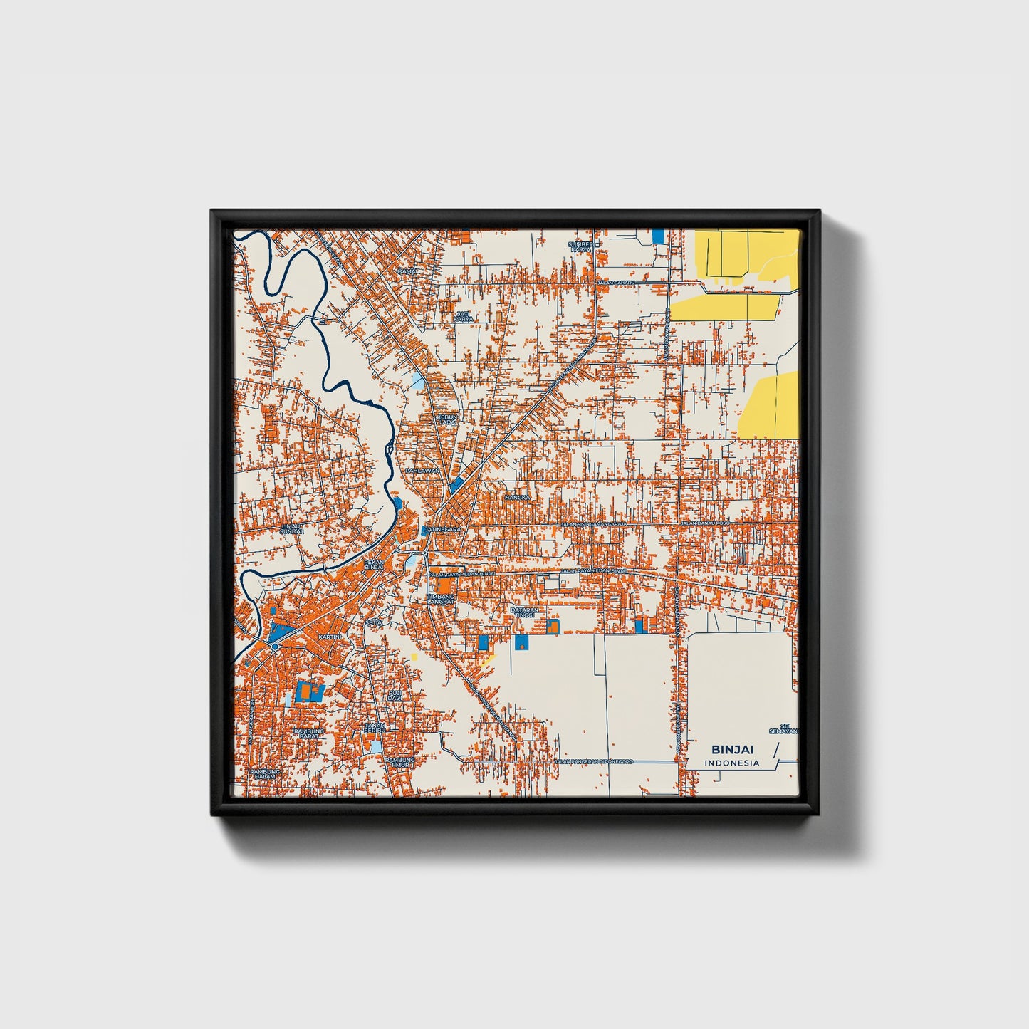 Binjai Indonesia Colorful City Map Canvas Print • Black Framed