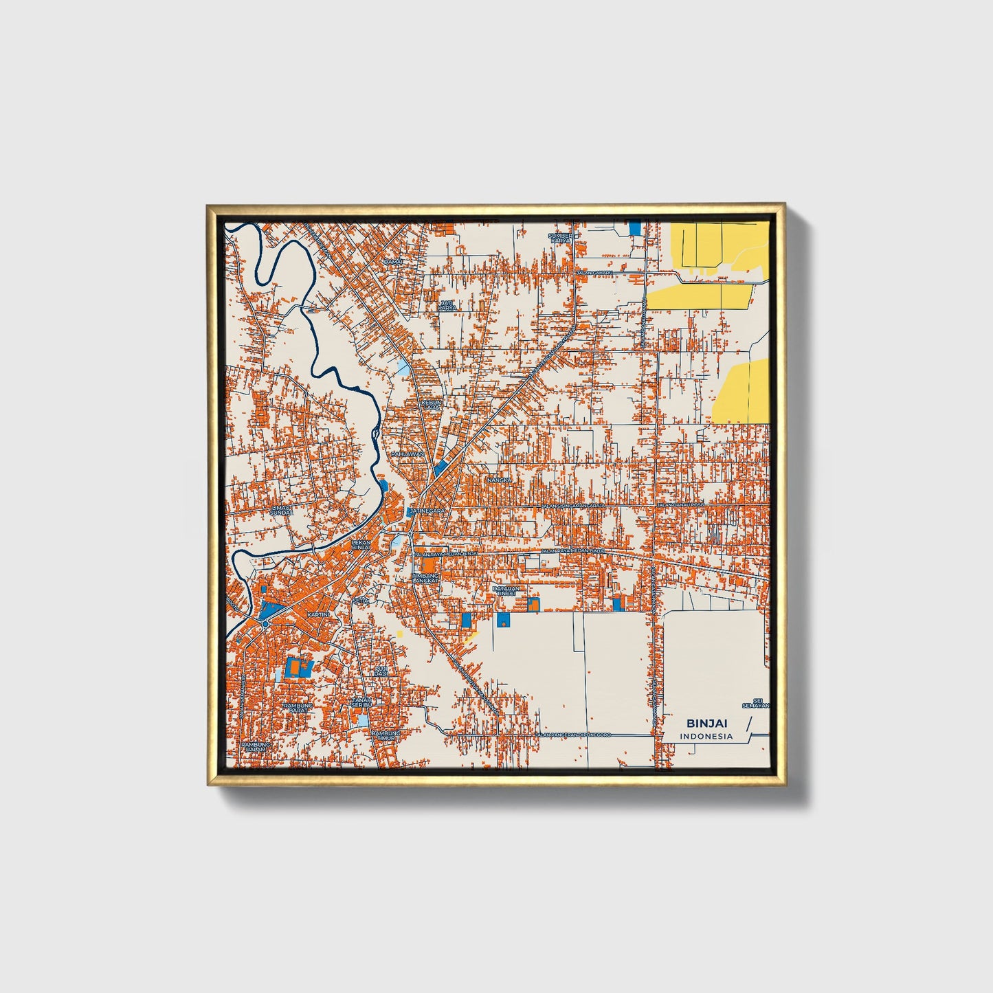 Binjai Indonesia Colorful City Map Canvas Print • Gold Framed