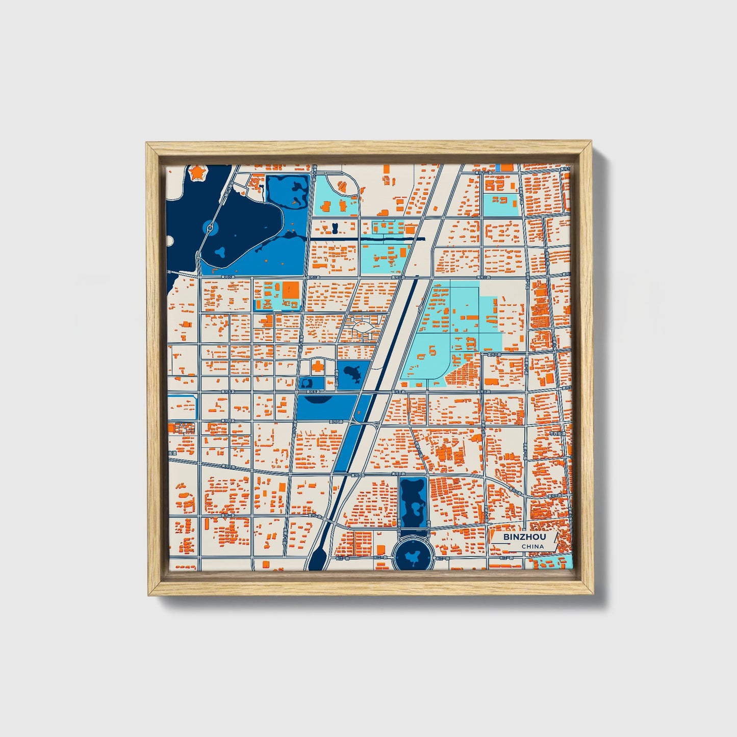 Binzhou China Colorful City Map Canvas Print • Natural Wooden Framed