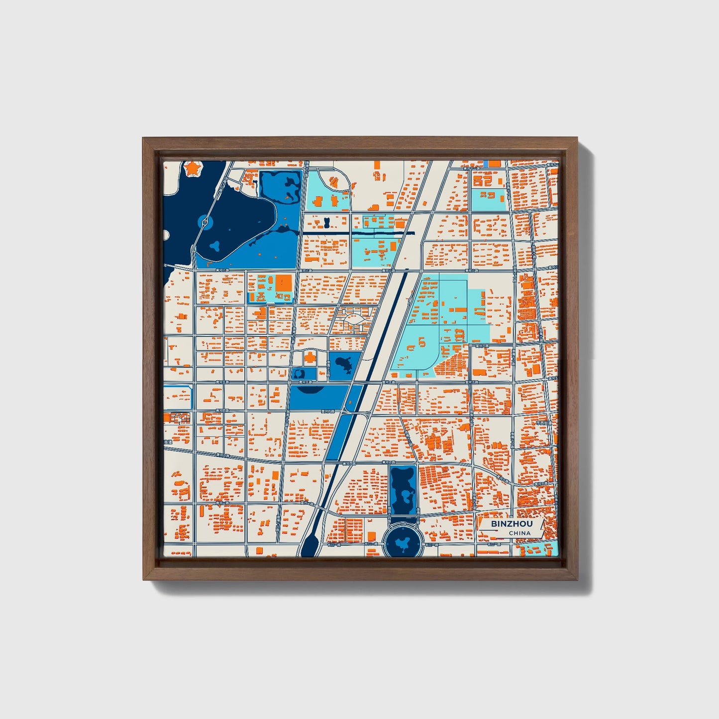 Binzhou China Colorful City Map Canvas Print • Dark Wooden Framed