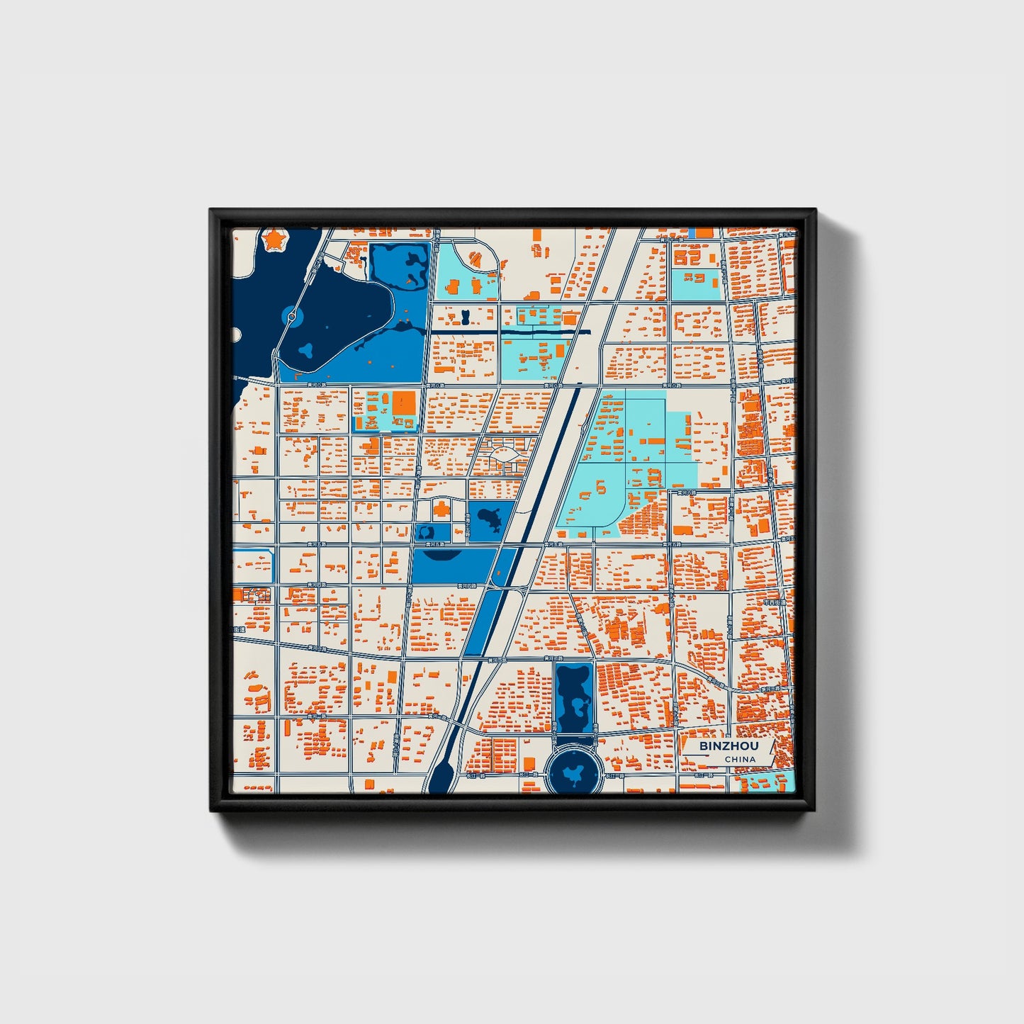 Binzhou China Colorful City Map Canvas Print • Black Framed