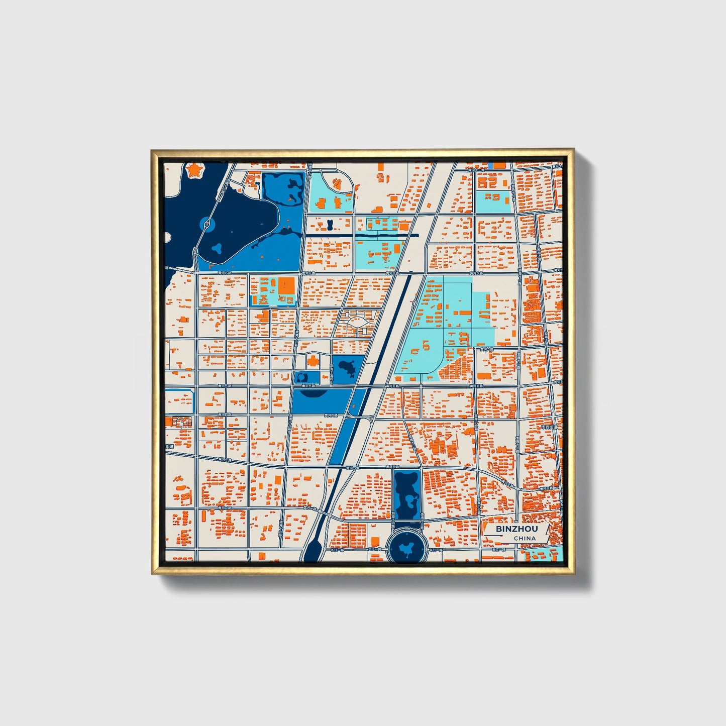 Binzhou China Colorful City Map Canvas Print • Gold Framed