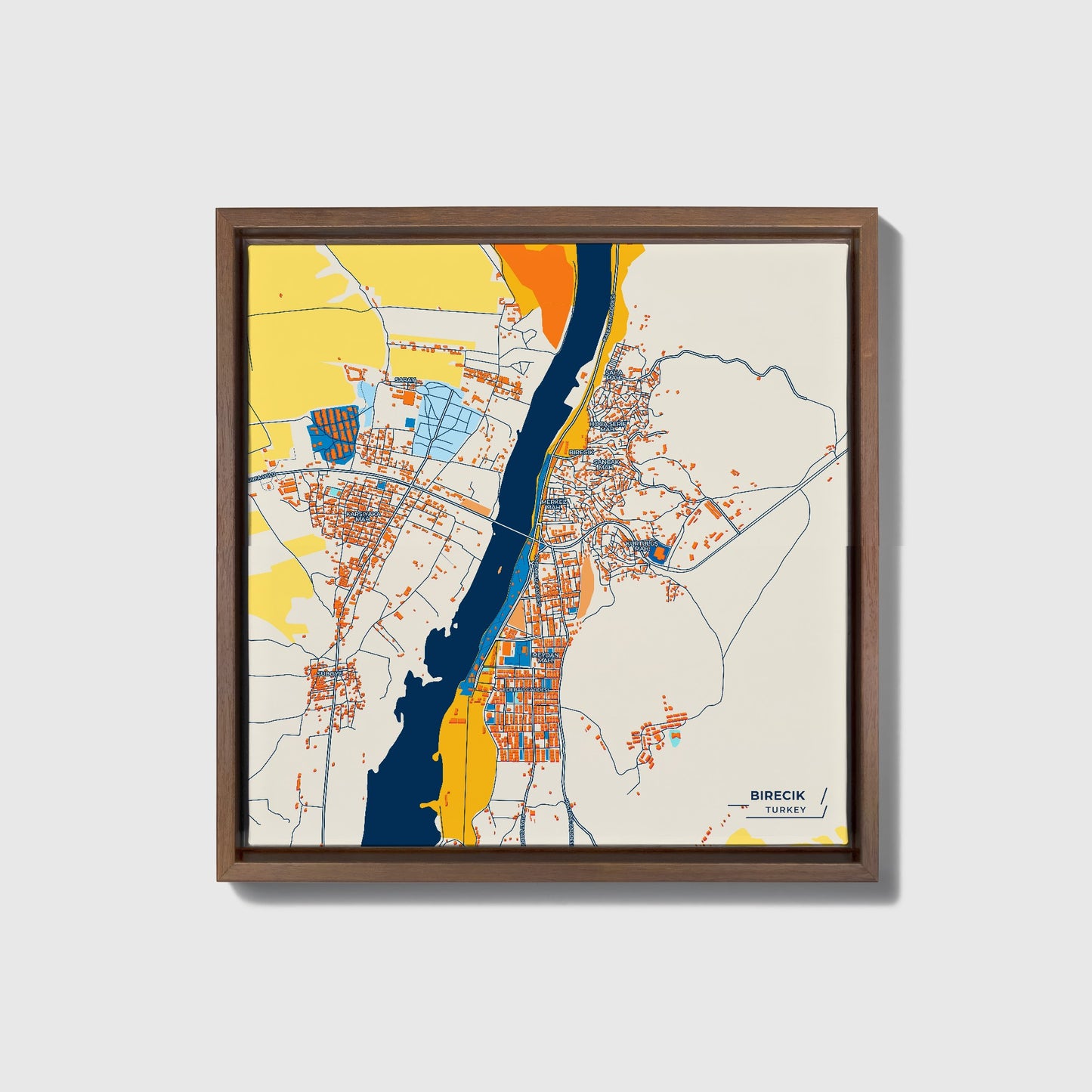 Bi̇reci̇k Turkey Colorful City Map Canvas Print • Dark Wooden Framed