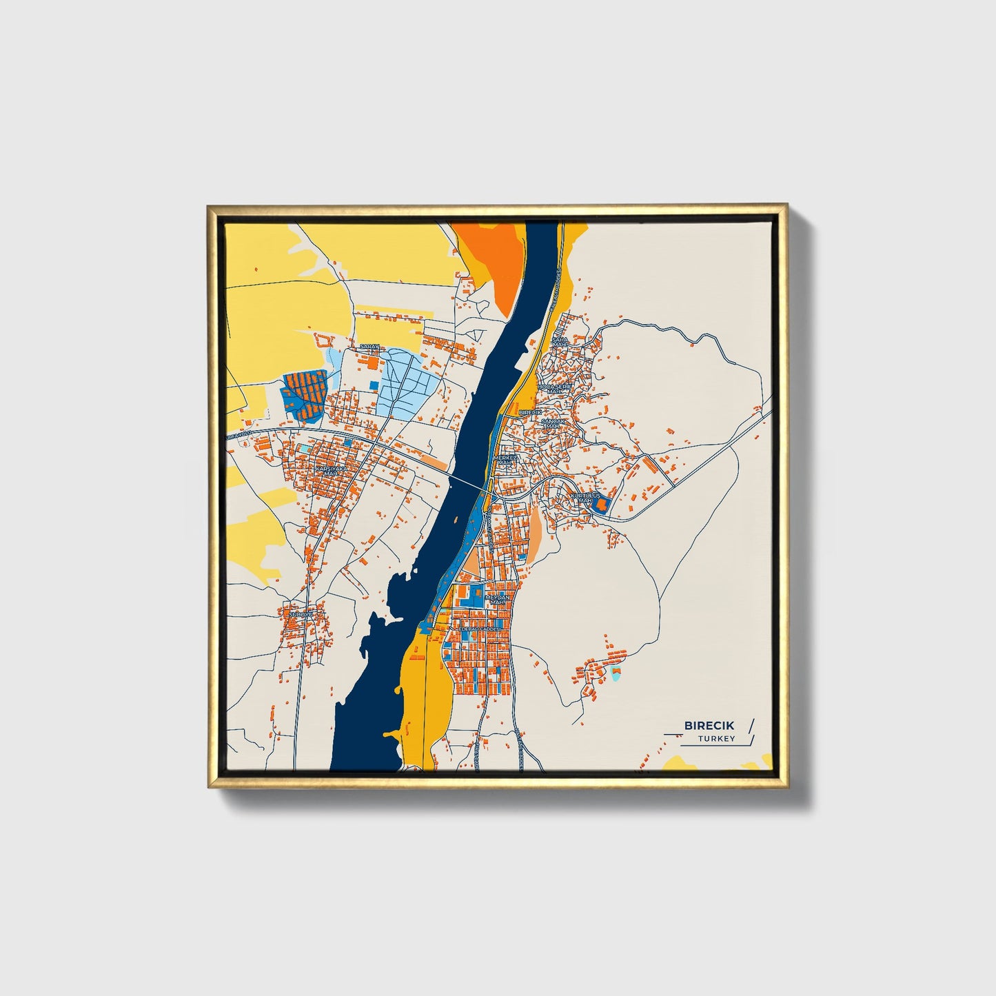 Bi̇reci̇k Turkey Colorful City Map Canvas Print • Gold Framed