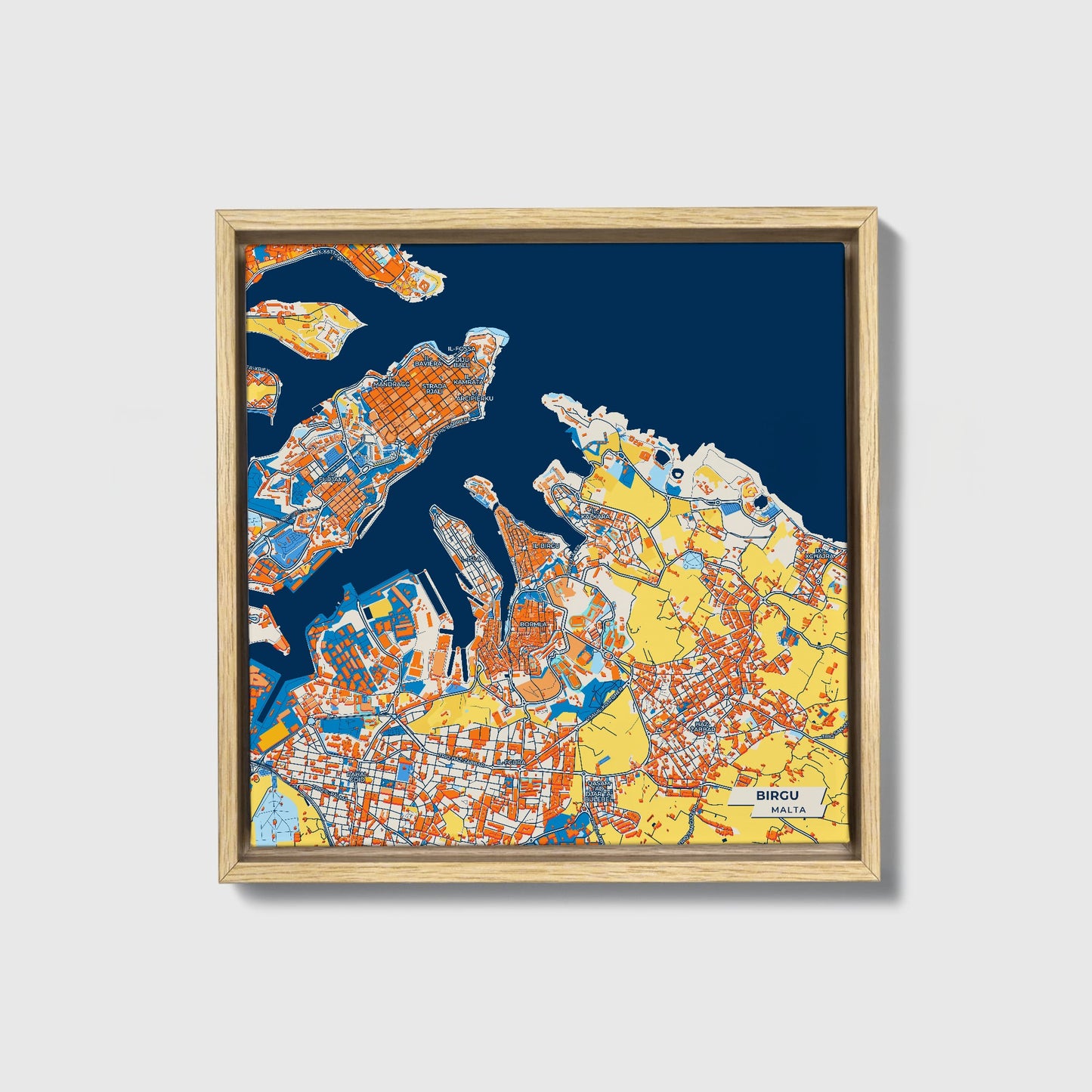 Birgu Malta Colorful City Map Canvas Print • Natural Wooden Framed
