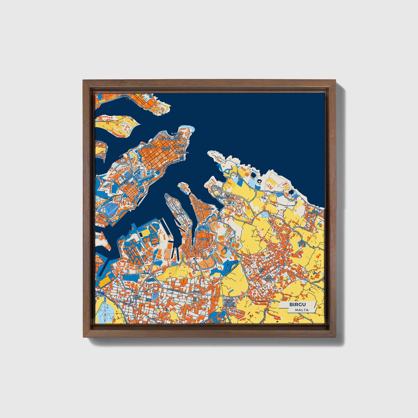Birgu Malta Colorful City Map Canvas Print • Dark Wooden Framed