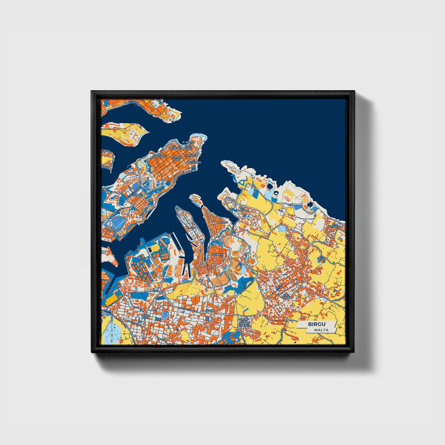 Birgu Malta Colorful City Map Canvas Print • Black Framed