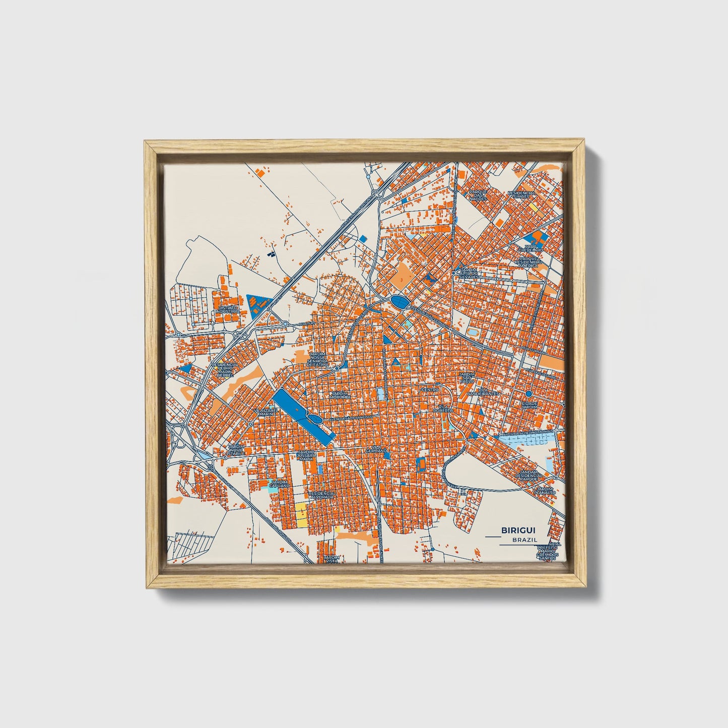 Birigui Brazil Colorful City Map Canvas Print • Natural Wooden Framed
