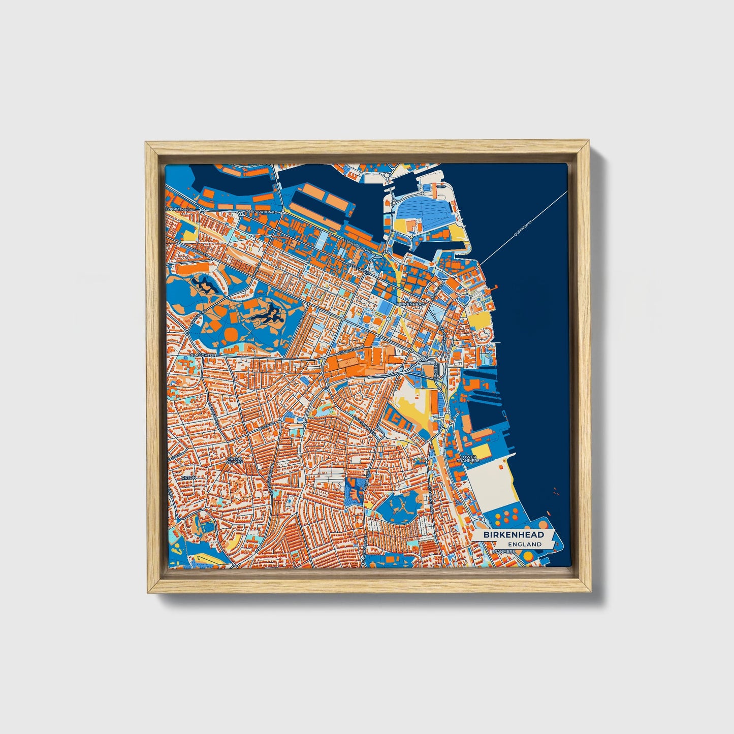 Birkenhead England Colorful City Map Canvas Print • Natural Wooden Framed