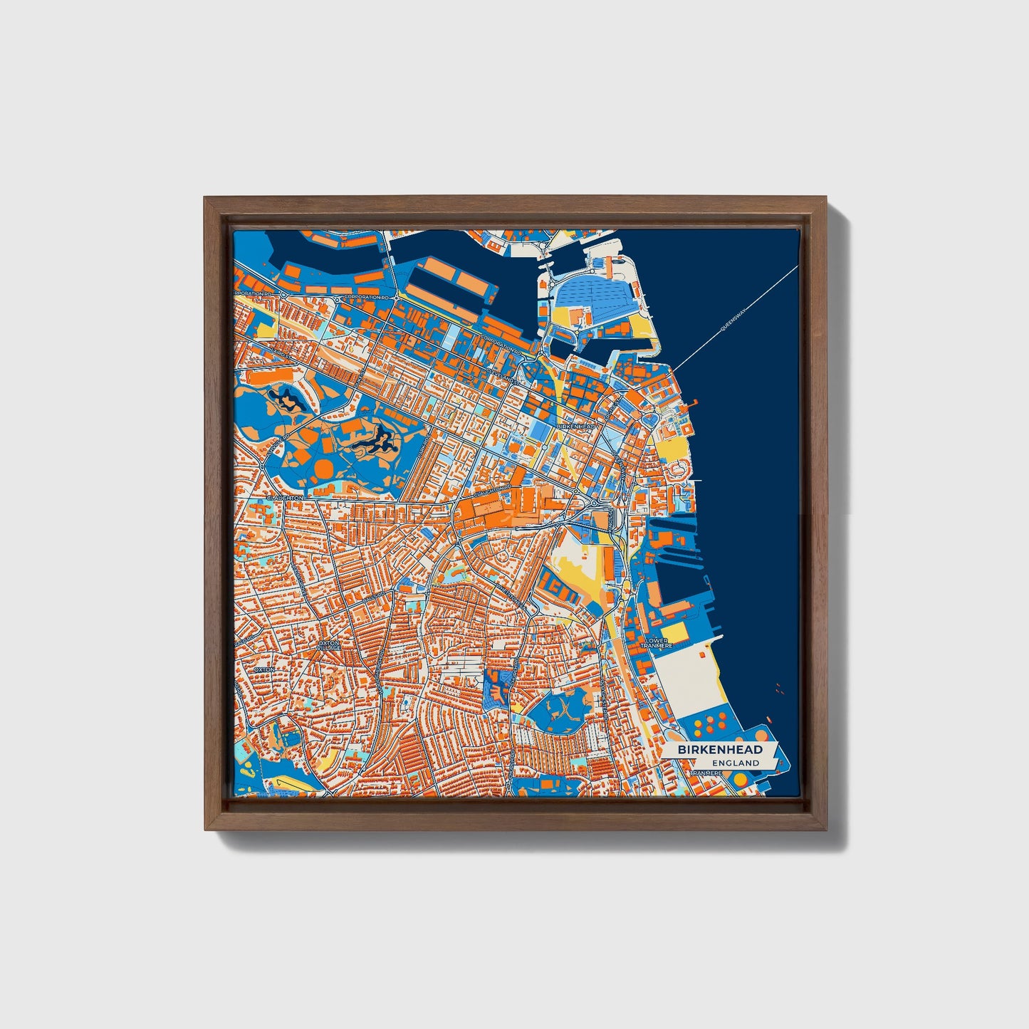 Birkenhead England Colorful City Map Canvas Print • Dark Wooden Framed