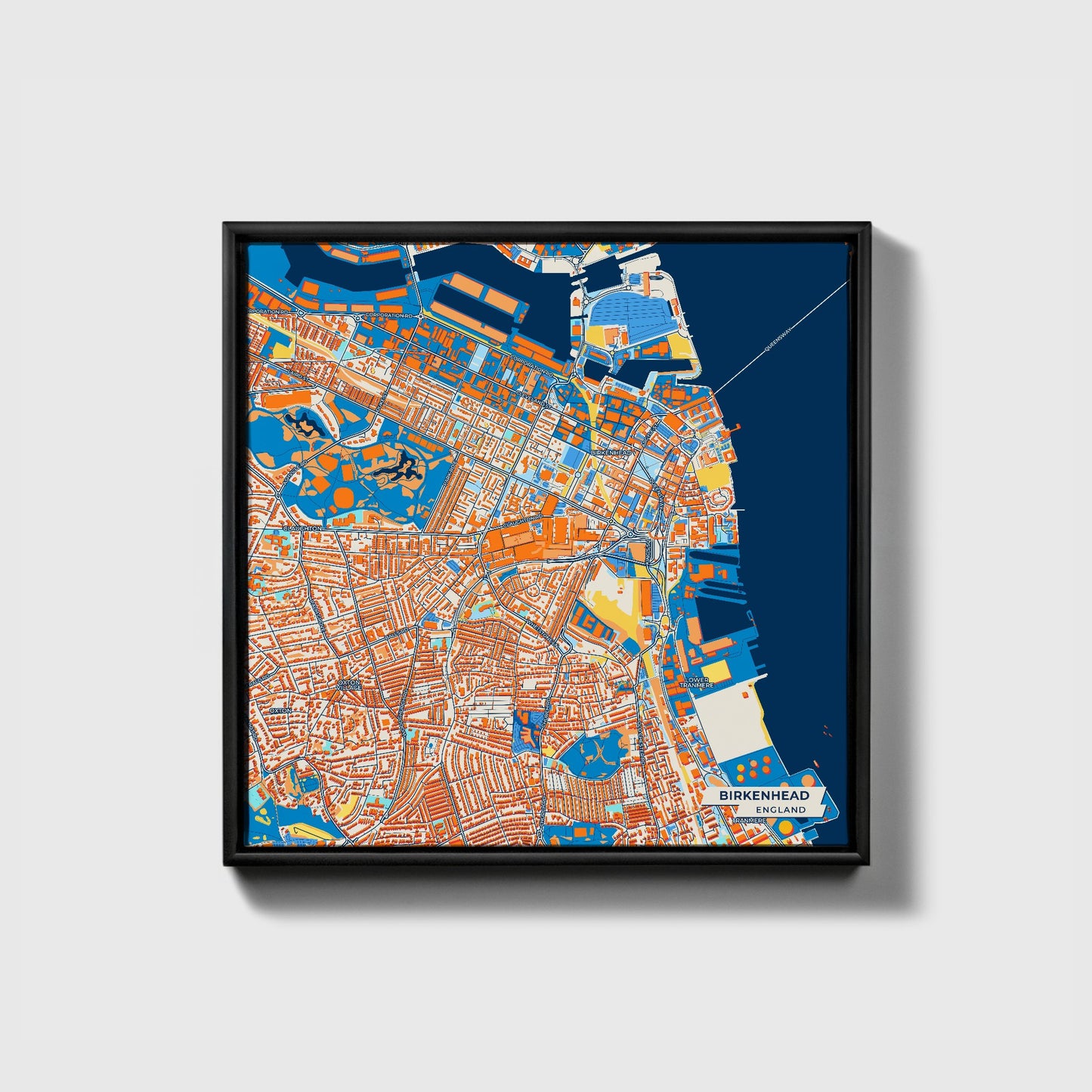 Birkenhead England Colorful City Map Canvas Print • Black Framed