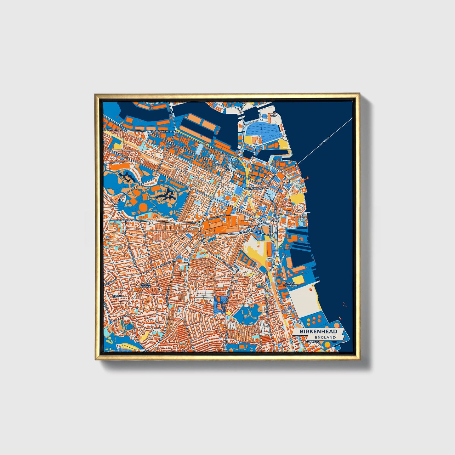 Birkenhead England Colorful City Map Canvas Print • Gold Framed