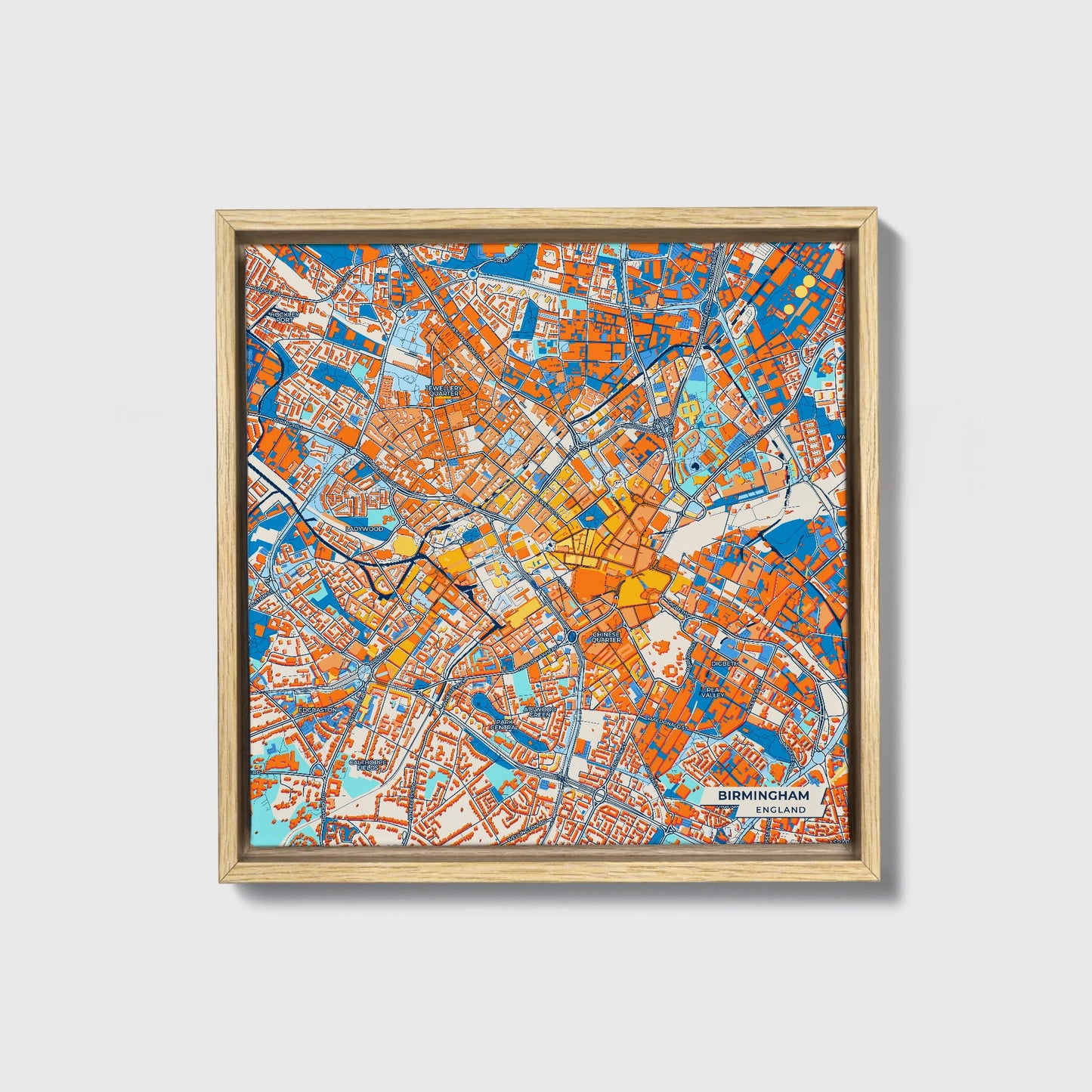 Birmingham England Colorful City Map Canvas Print • Natural Wooden Framed