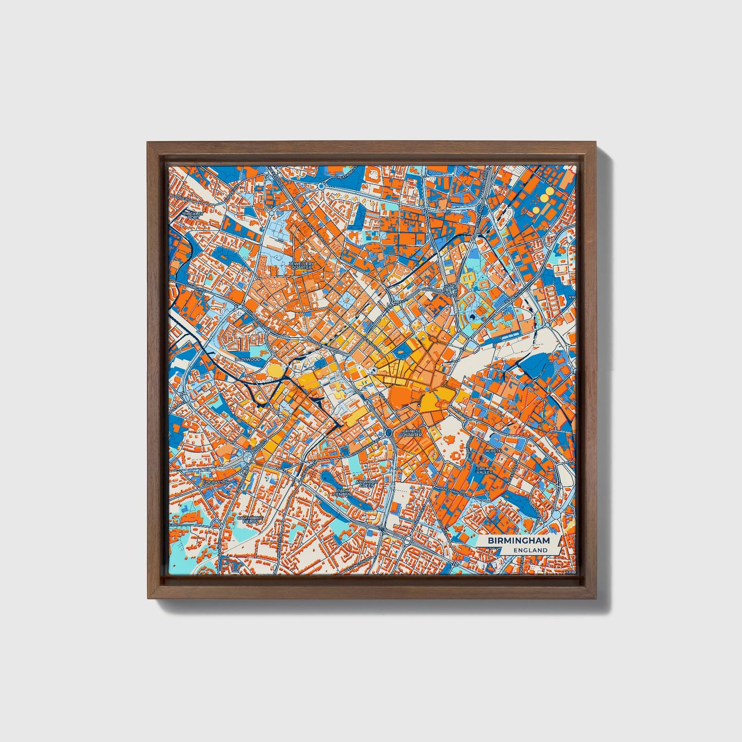 Birmingham England Colorful City Map Canvas Print • Dark Wooden Framed