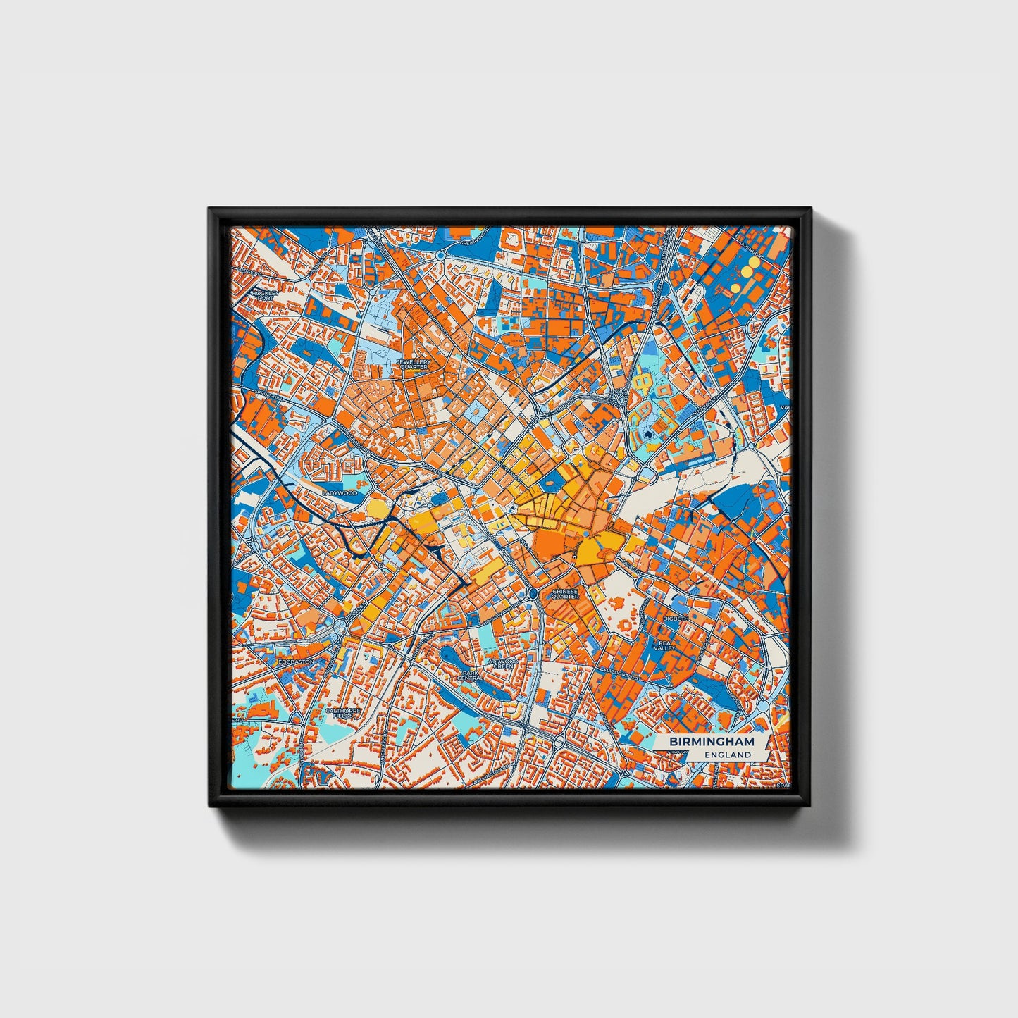 Birmingham England Colorful City Map Canvas Print • Black Framed