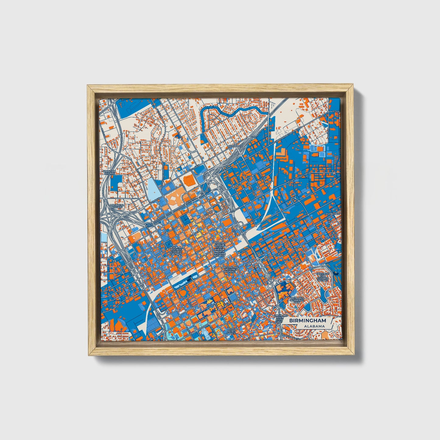 Birmingham Alabama Colorful City Map Canvas Print • Natural Wooden Framed