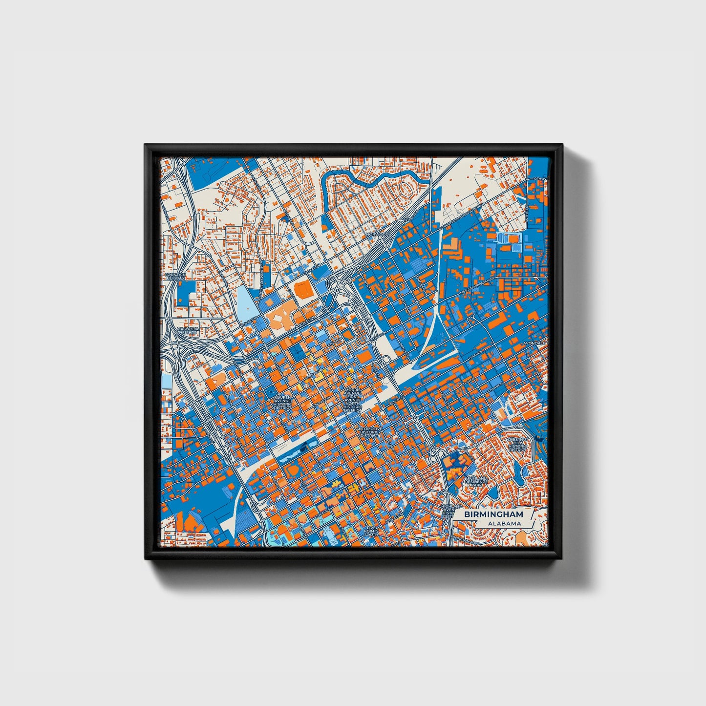 Birmingham Alabama Colorful City Map Canvas Print • Black Framed