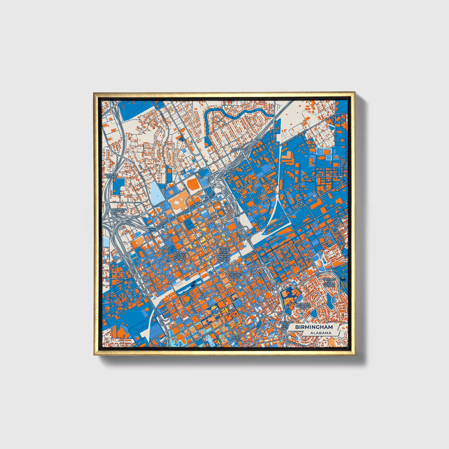 Birmingham Alabama Colorful City Map Canvas Print • Gold Framed