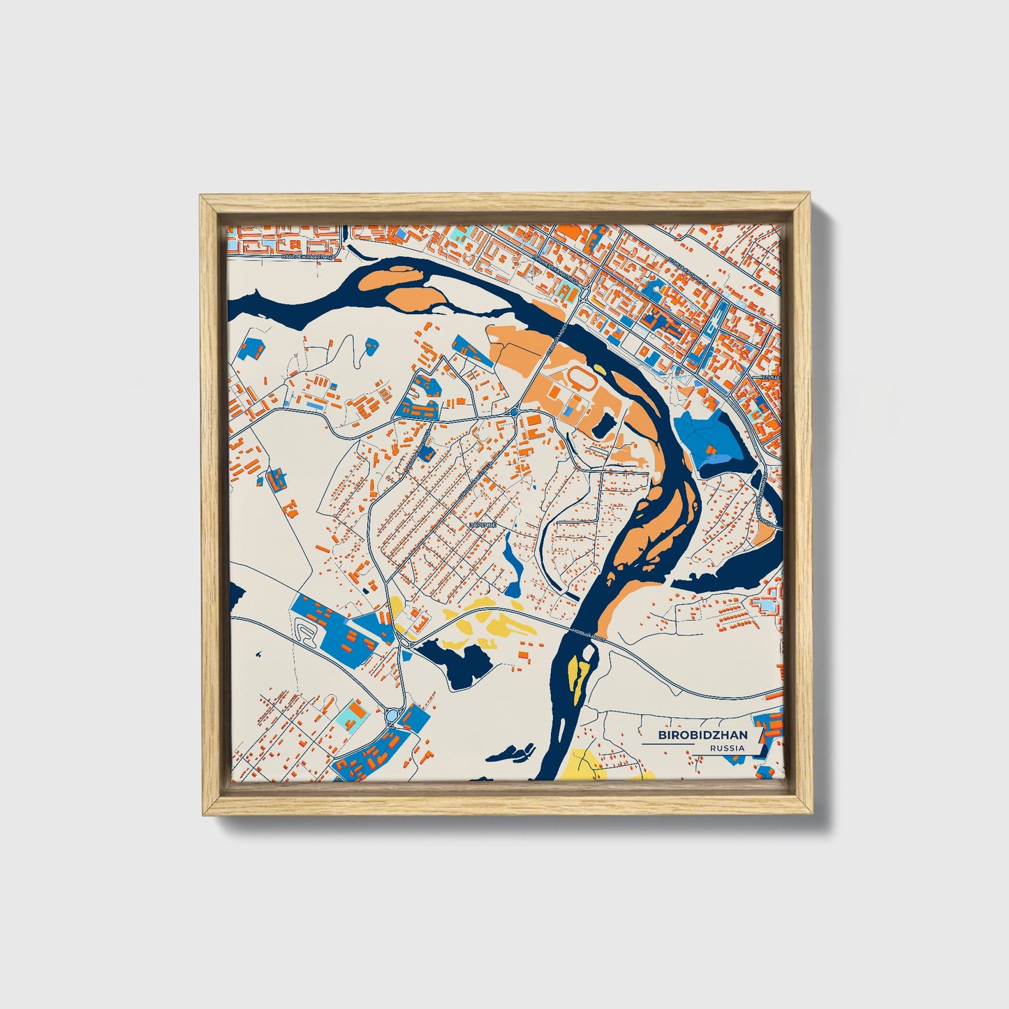 Биробиджан Russia Colorful City Map Canvas Print • Natural Wooden Framed
