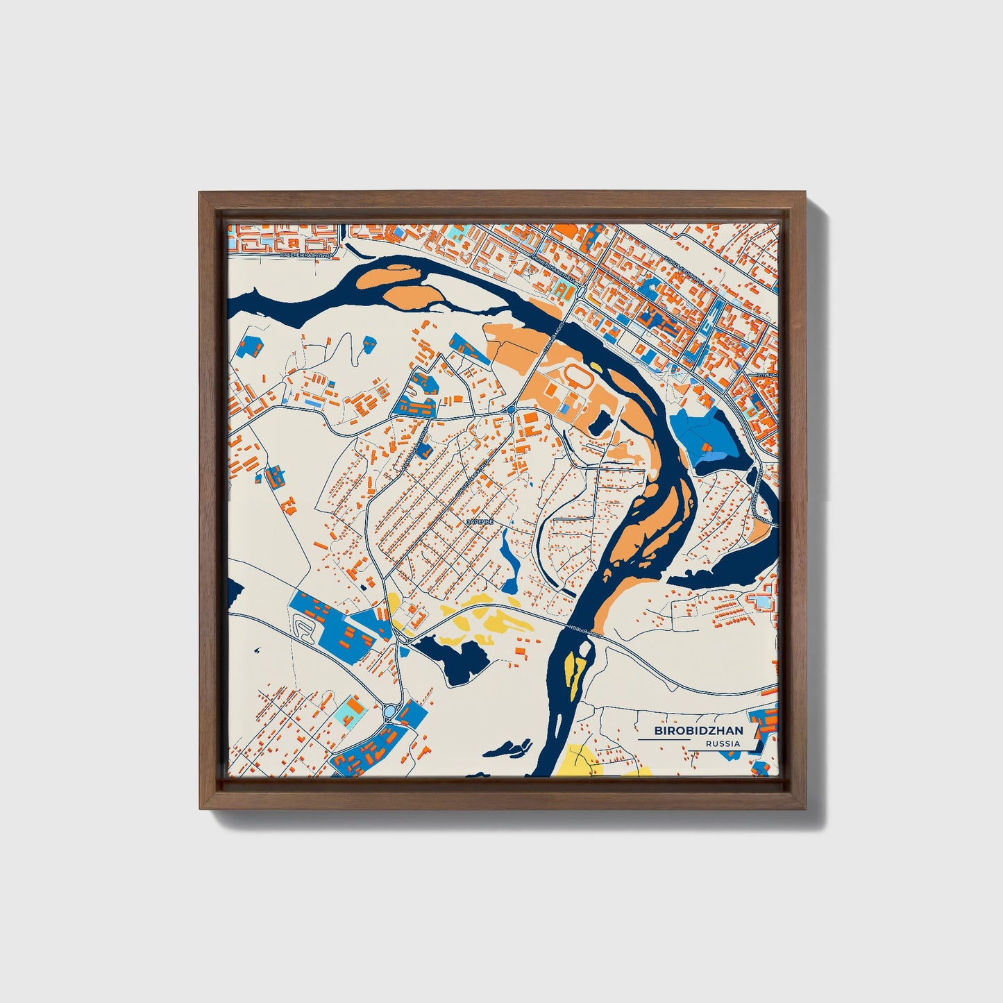 Биробиджан Russia Colorful City Map Canvas Print • Dark Wooden Framed