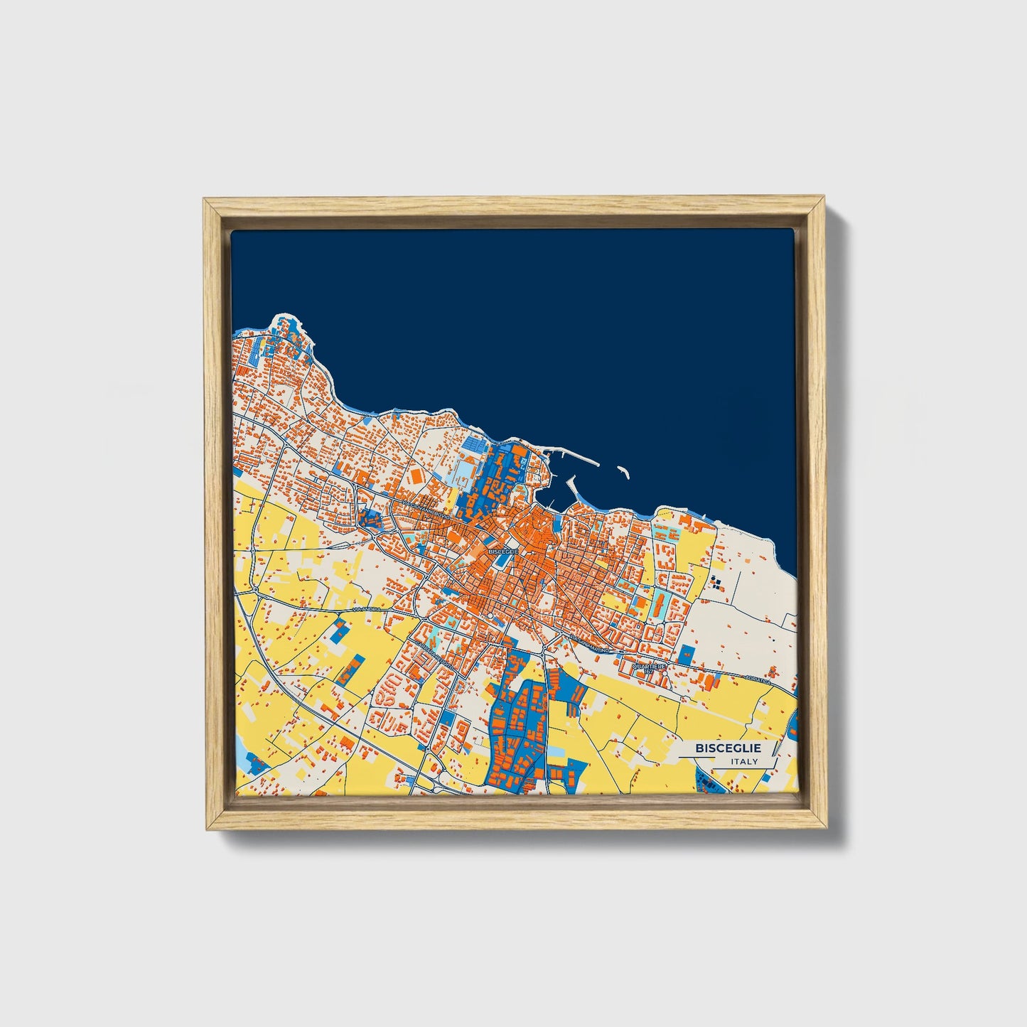 Bisceglie Italy Colorful City Map Canvas Print • Natural Wooden Framed