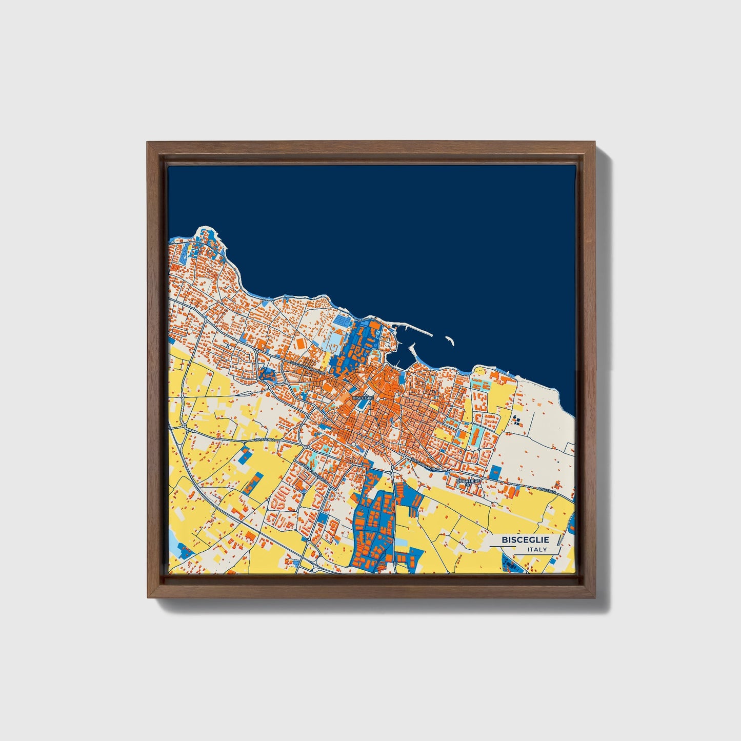 Bisceglie Italy Colorful City Map Canvas Print • Dark Wooden Framed