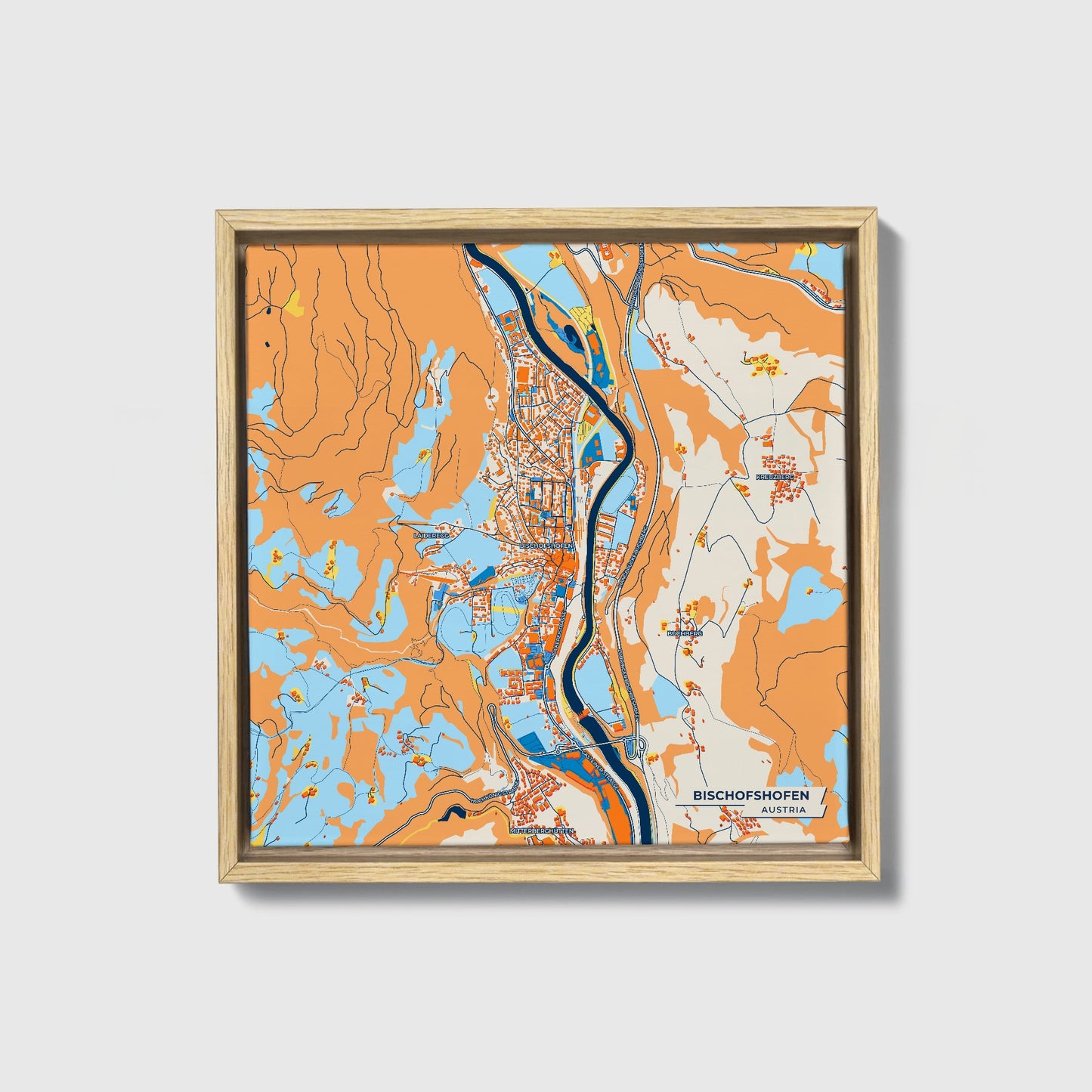 Bischofshofen Austria Colorful City Map Canvas Print • Natural Wooden Framed