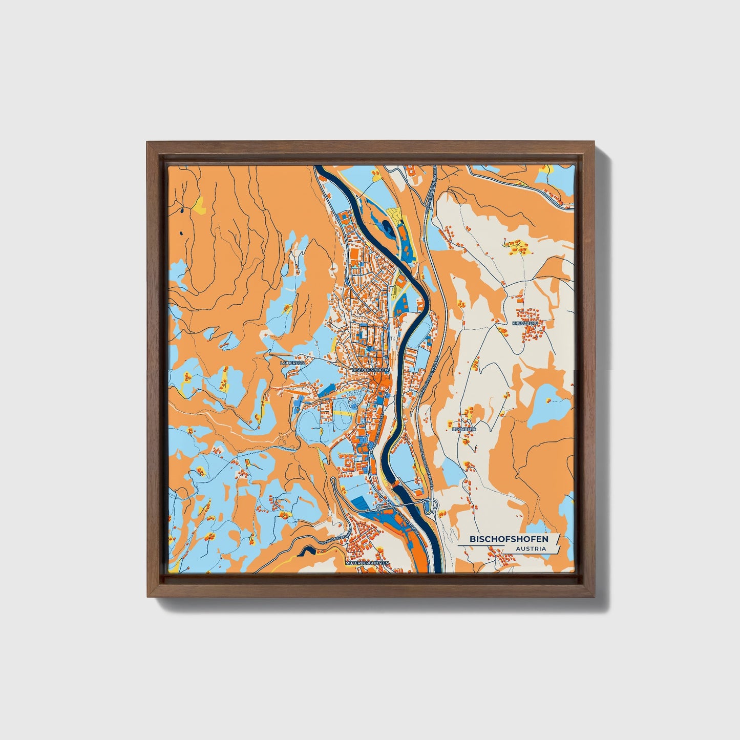 Bischofshofen Austria Colorful City Map Canvas Print • Dark Wooden Framed