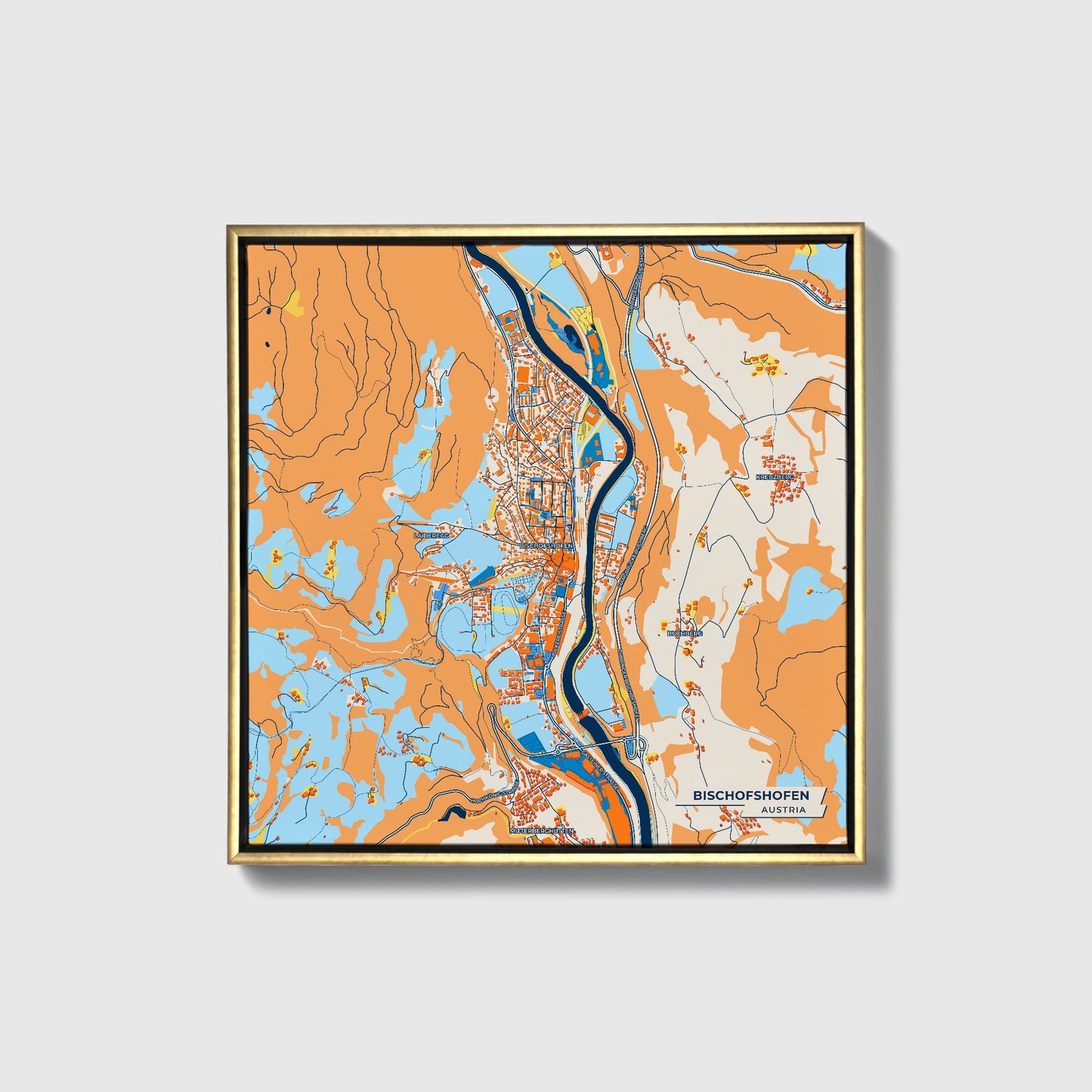 Bischofshofen Austria Colorful City Map Canvas Print • Gold Framed