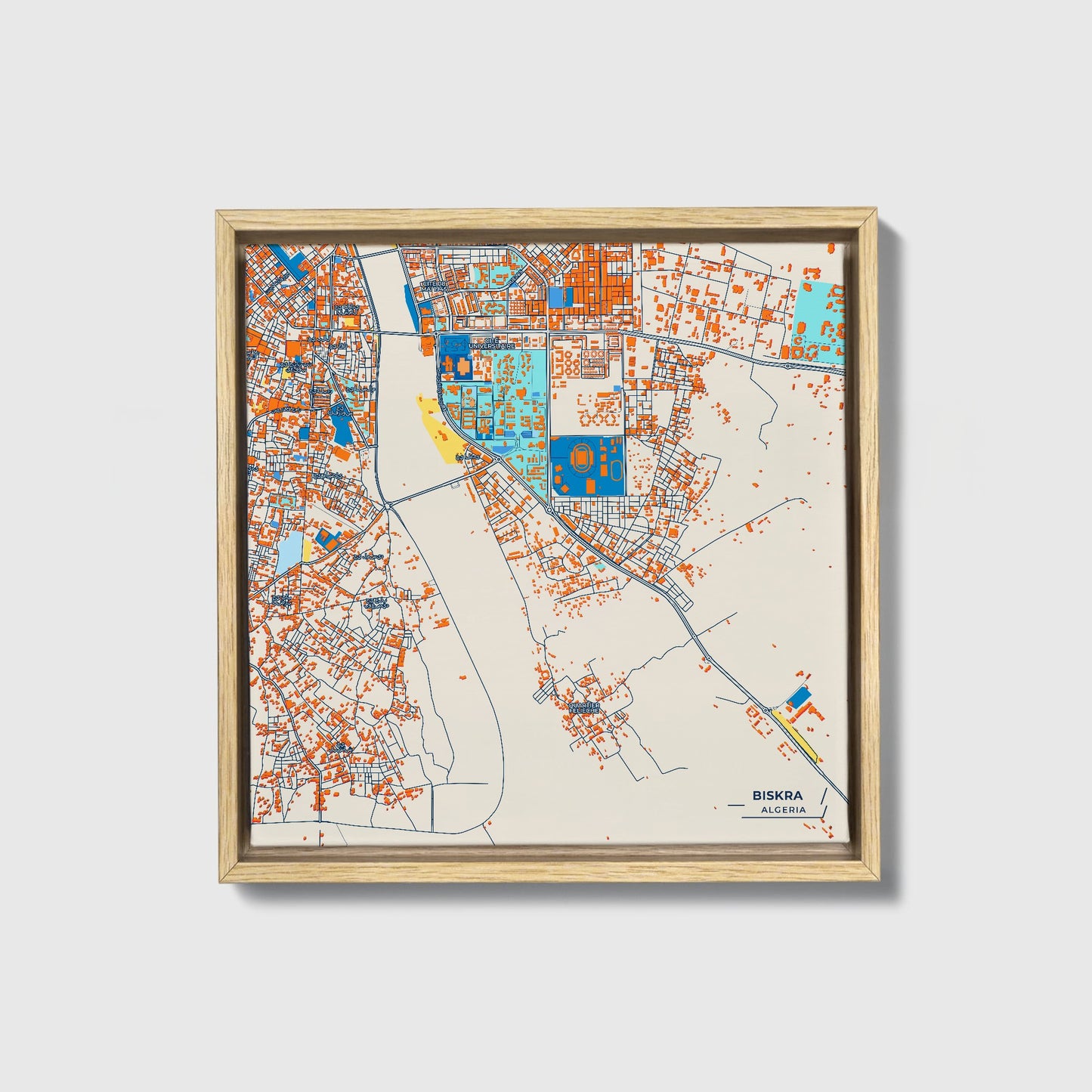 Biskra Algeria Colorful City Map Canvas Print • Natural Wooden Framed