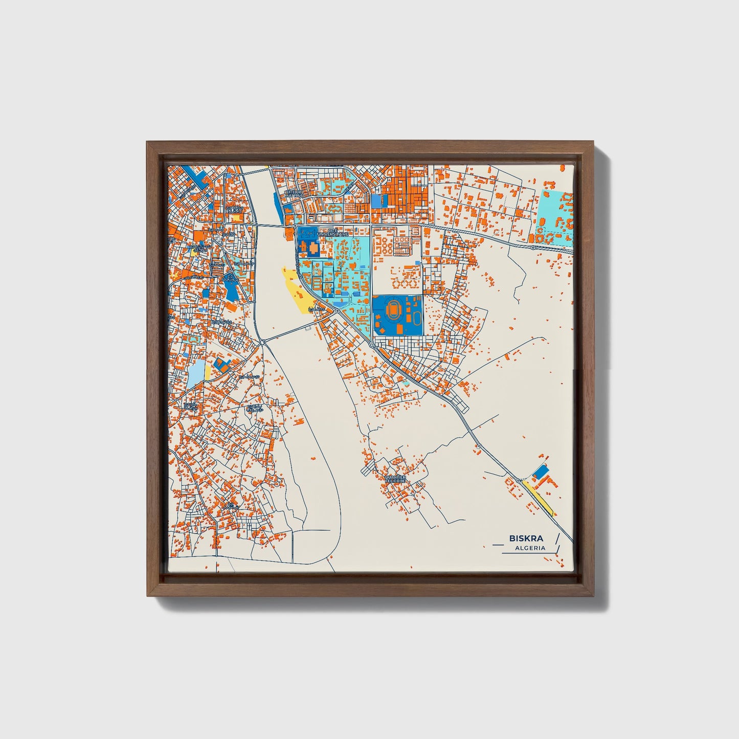 Biskra Algeria Colorful City Map Canvas Print • Dark Wooden Framed