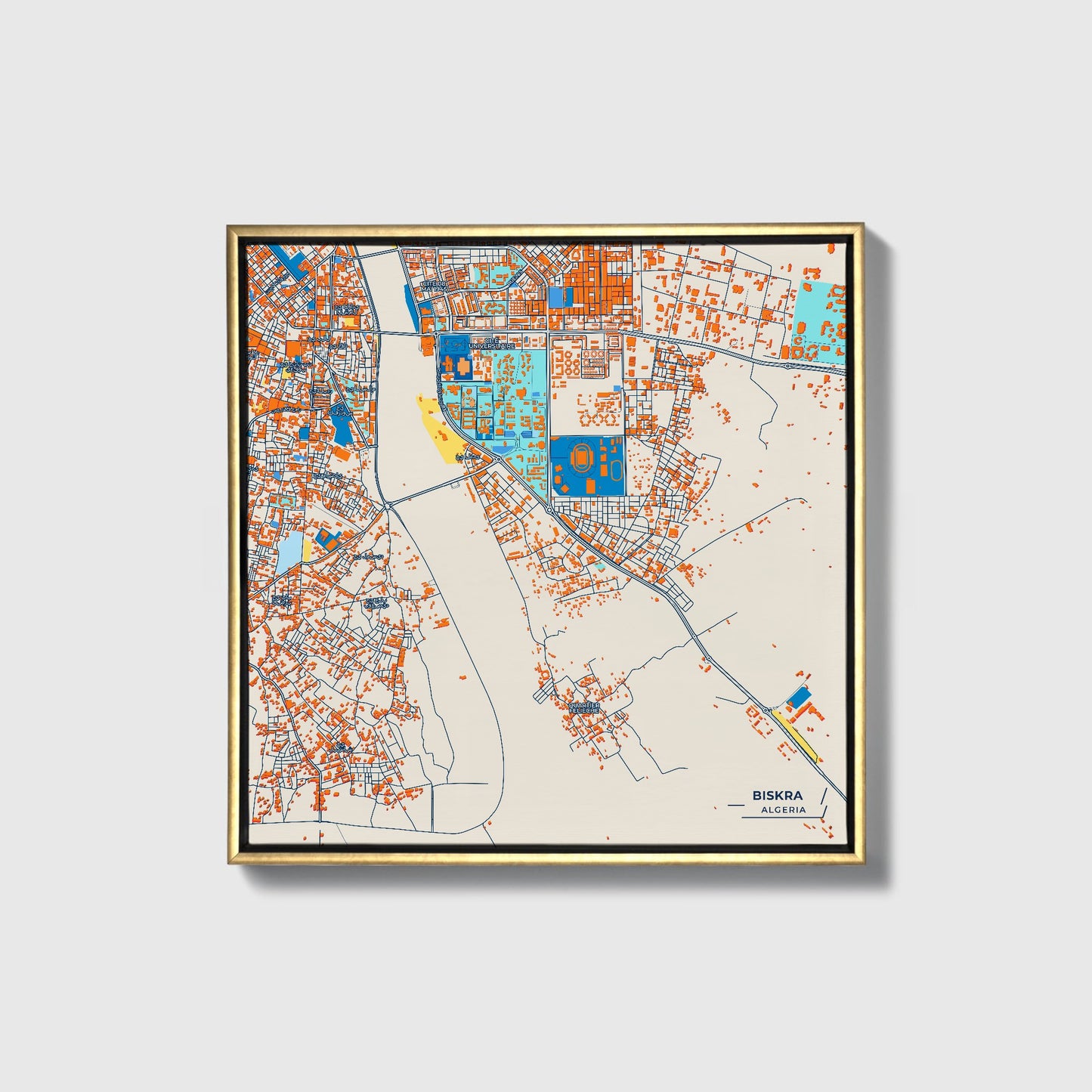 Biskra Algeria Colorful City Map Canvas Print • Gold Framed