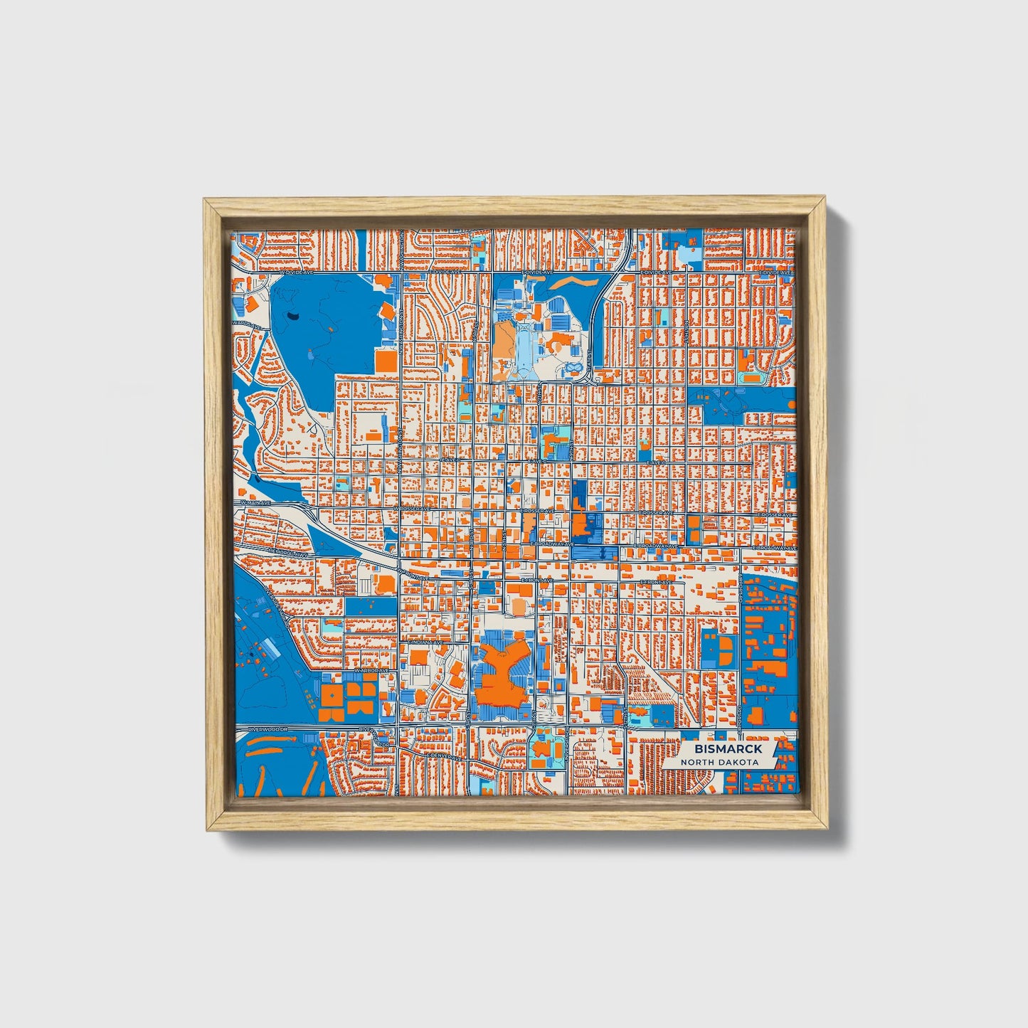 Bismarck North Dakota Colorful City Map Canvas Print • Natural Wooden Framed