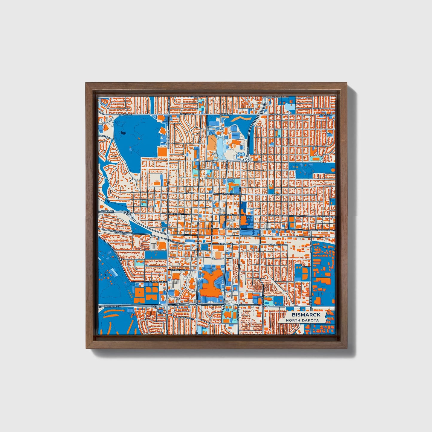 Bismarck North Dakota Colorful City Map Canvas Print • Dark Wooden Framed