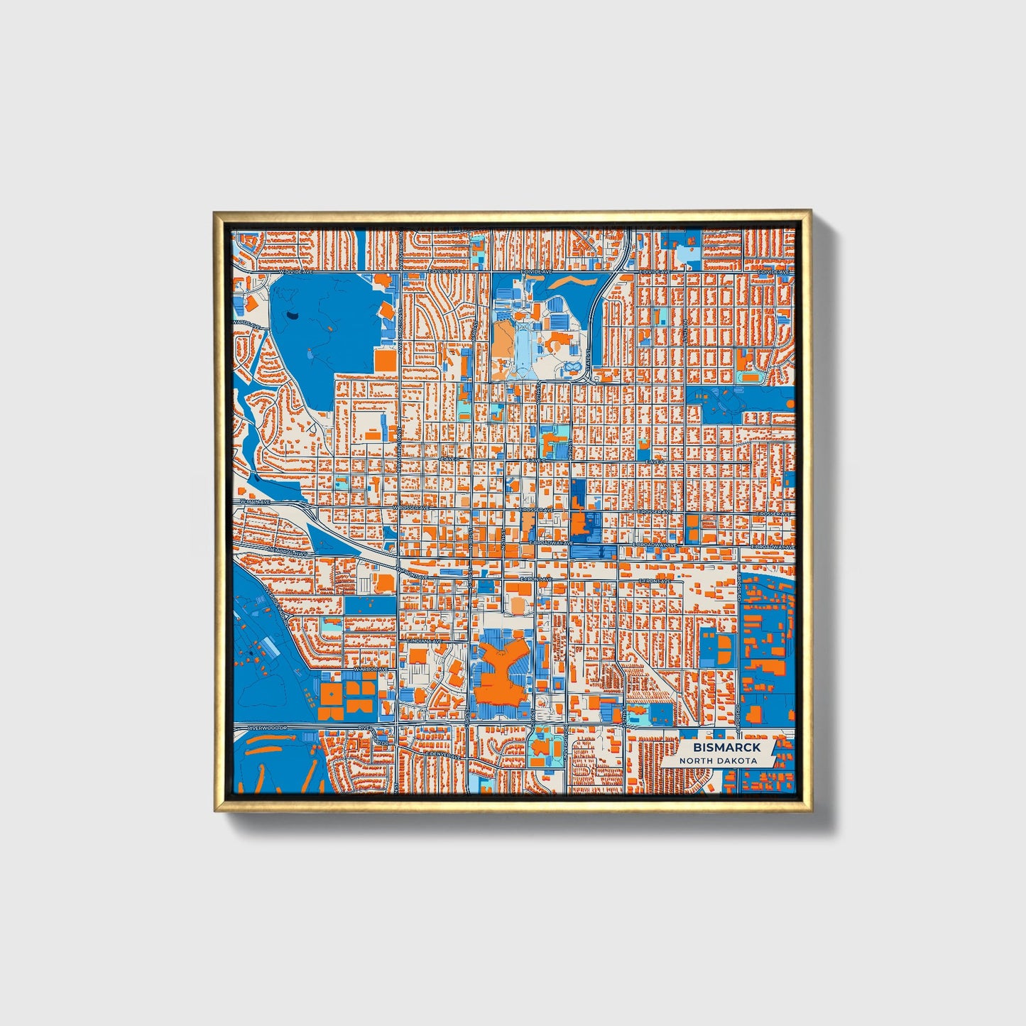 Bismarck North Dakota Colorful City Map Canvas Print • Gold Framed