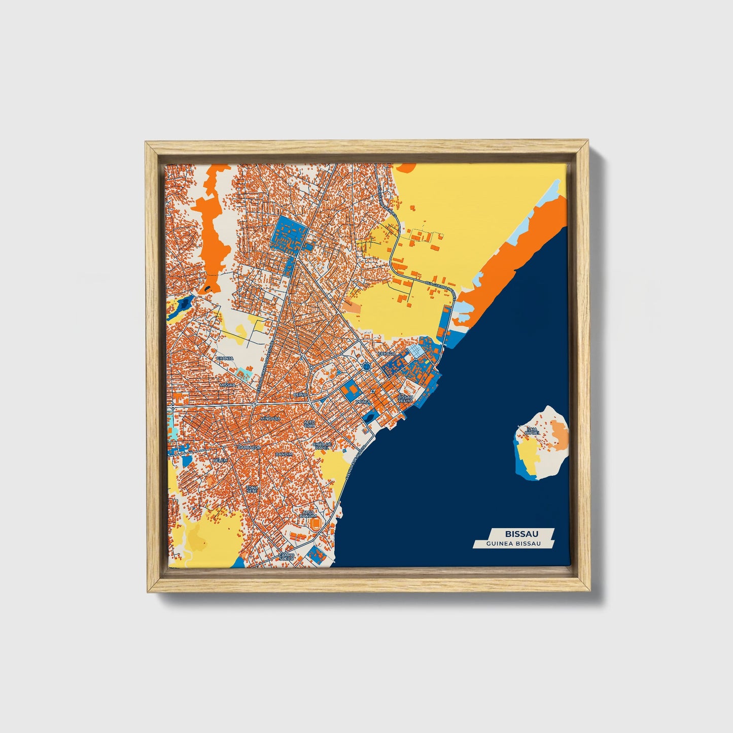 Bissau Guinea Bissau Colorful City Map Canvas Print • Natural Wooden Framed