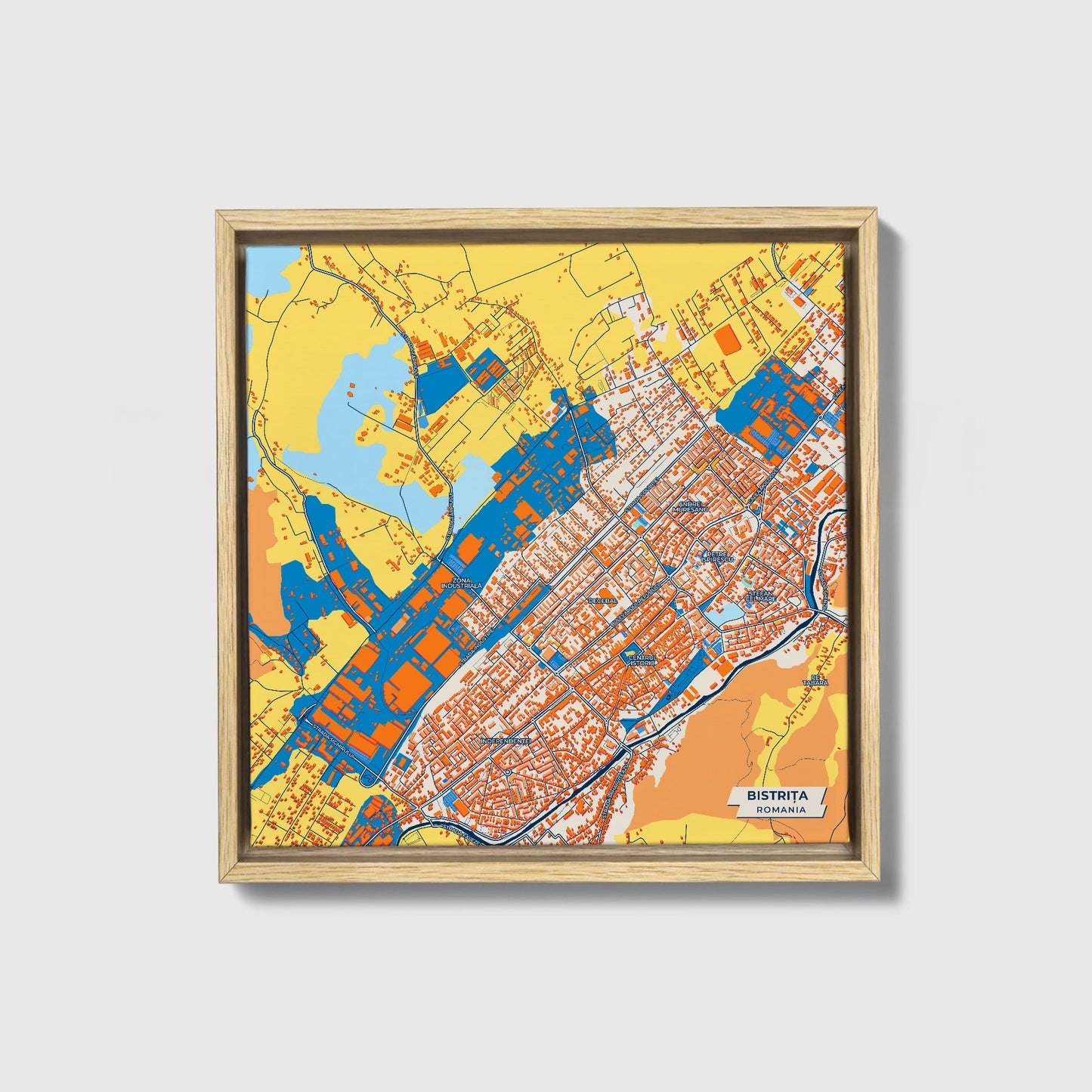 Bistrița Romania Colorful City Map Canvas Print • Natural Wooden Framed