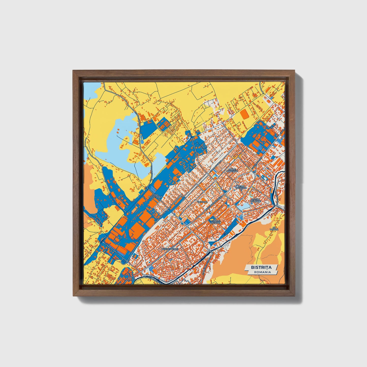 Bistrița Romania Colorful City Map Canvas Print • Dark Wooden Framed