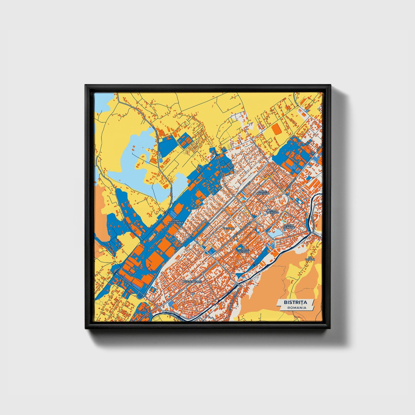 Bistrița Romania Colorful City Map Canvas Print • Black Framed
