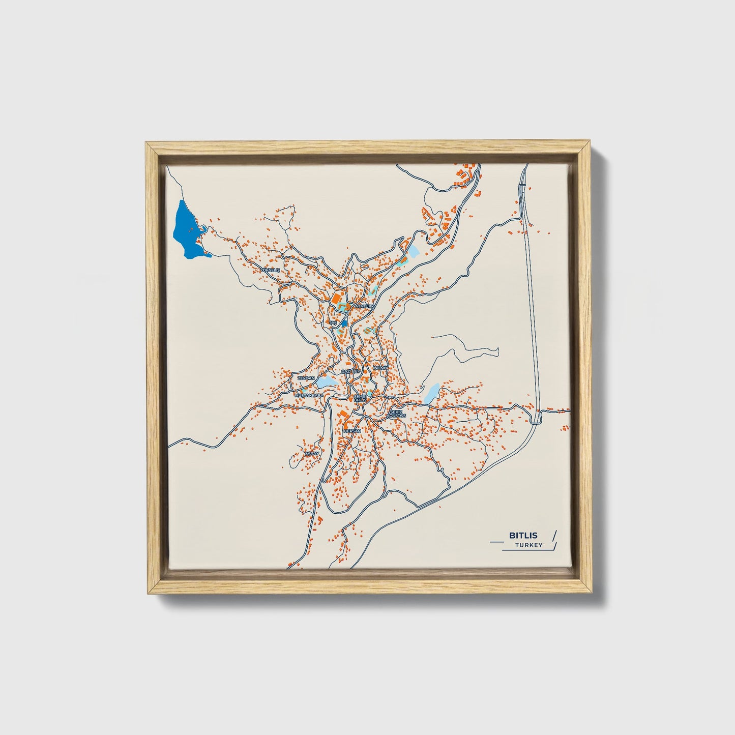 Bi̇tli̇s Turkey Colorful City Map Canvas Print • Natural Wooden Framed