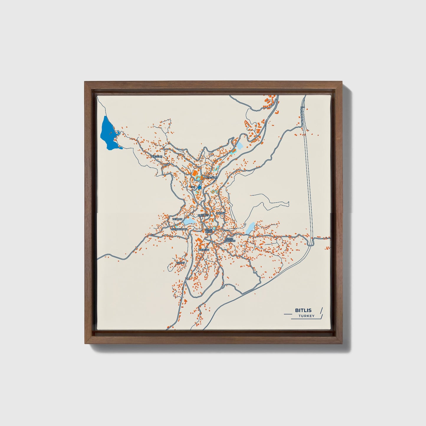 Bi̇tli̇s Turkey Colorful City Map Canvas Print • Dark Wooden Framed