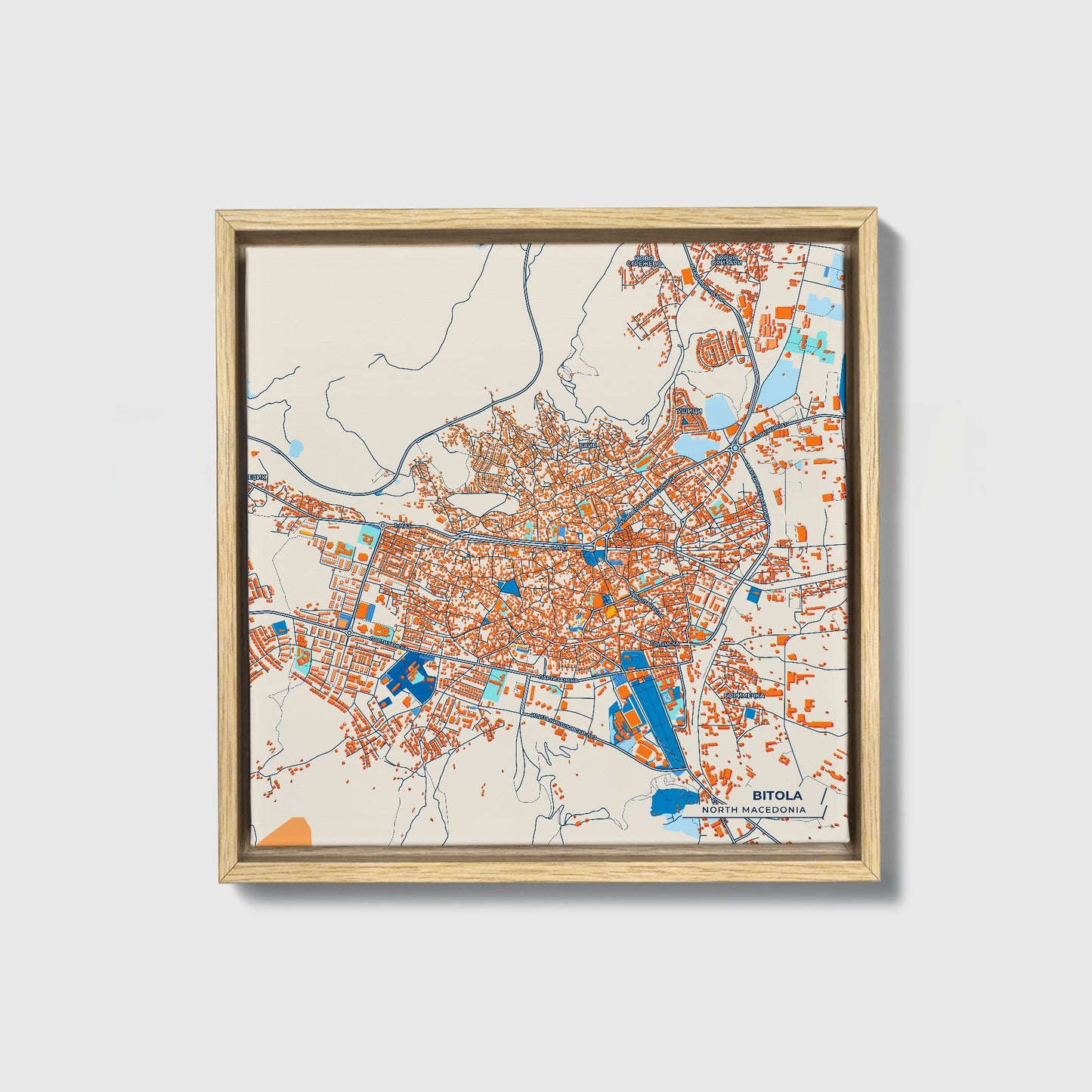 Bitola North Macedonia Colorful City Map Canvas Print • Natural Wooden Framed
