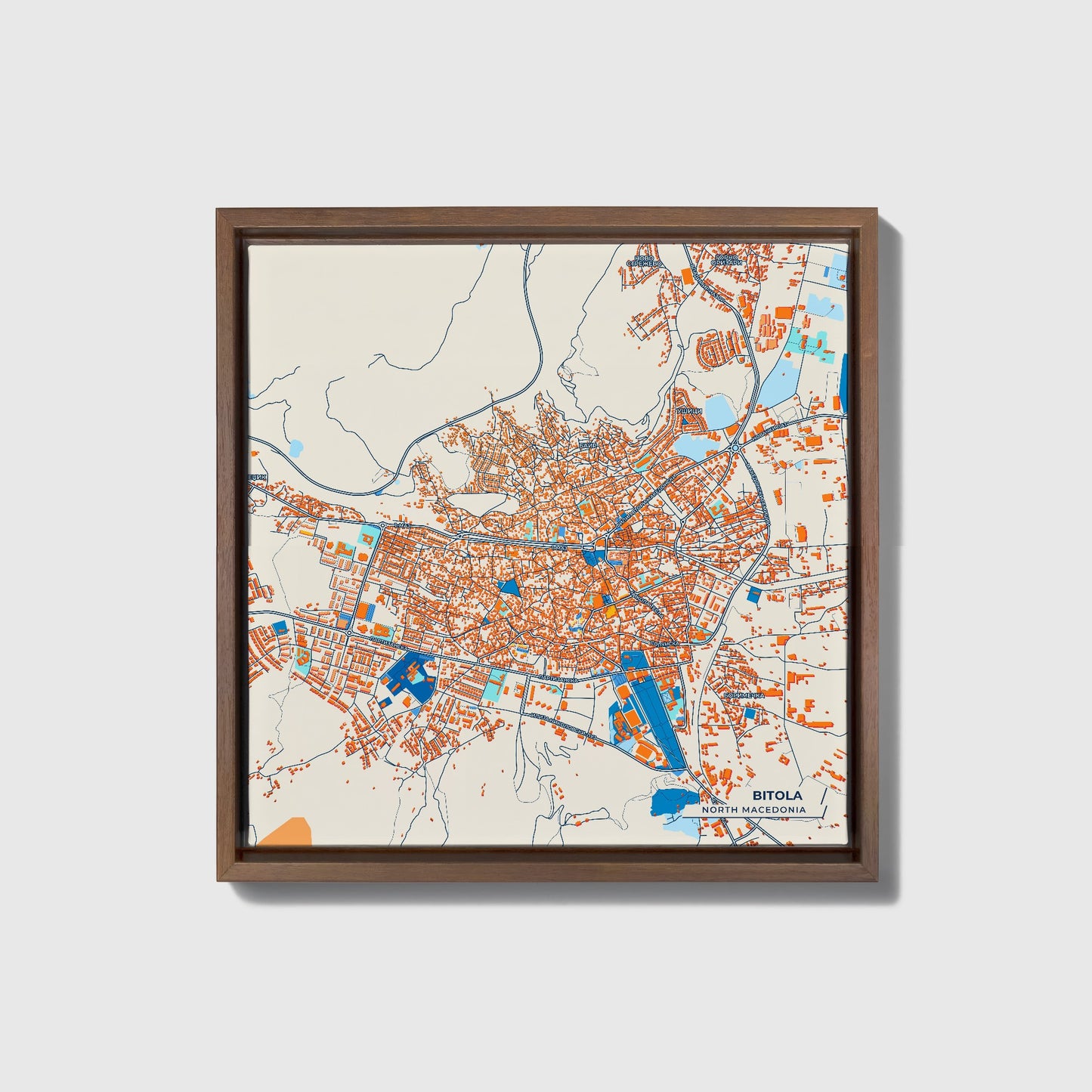 Bitola North Macedonia Colorful City Map Canvas Print • Dark Wooden Framed