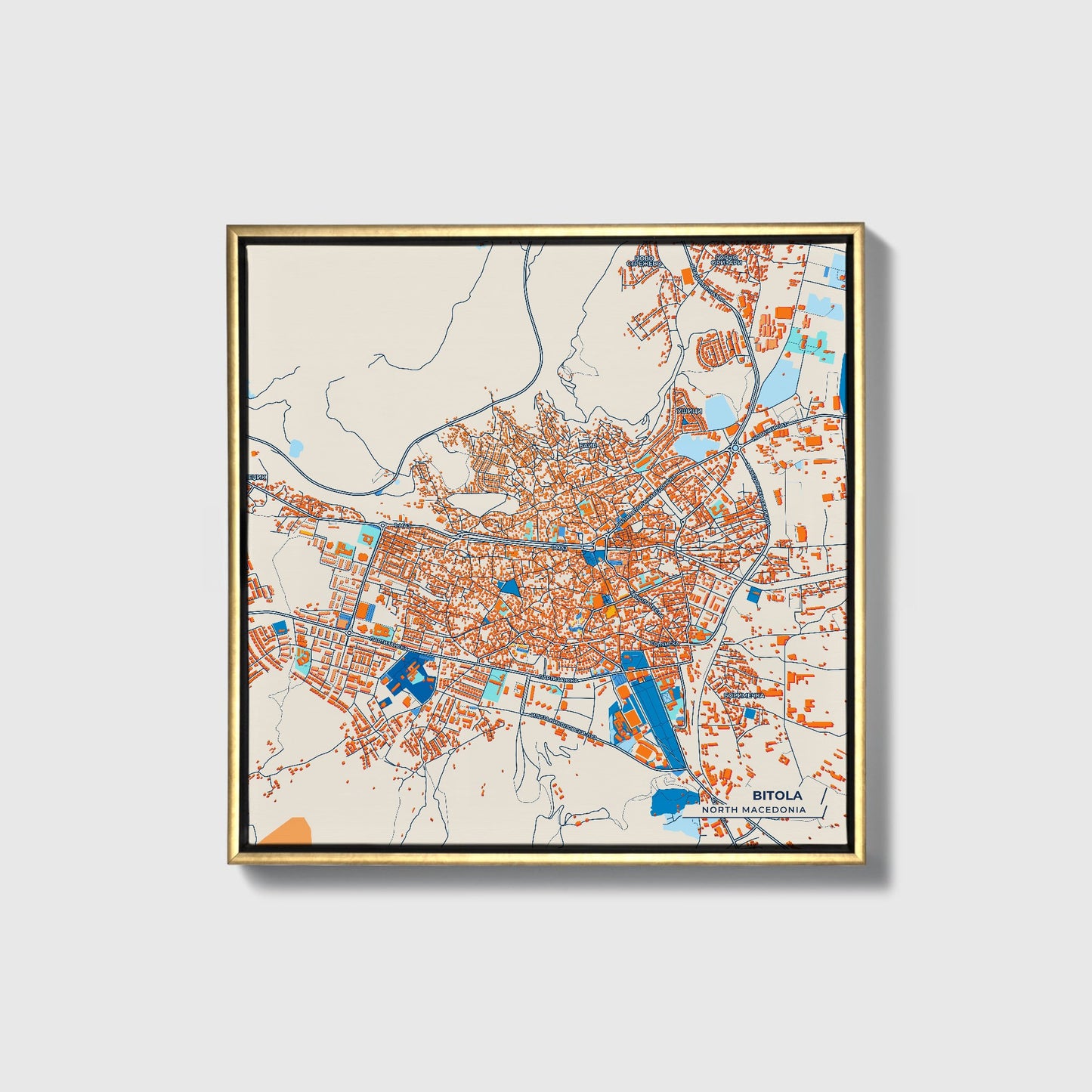 Bitola North Macedonia Colorful City Map Canvas Print • Gold Framed