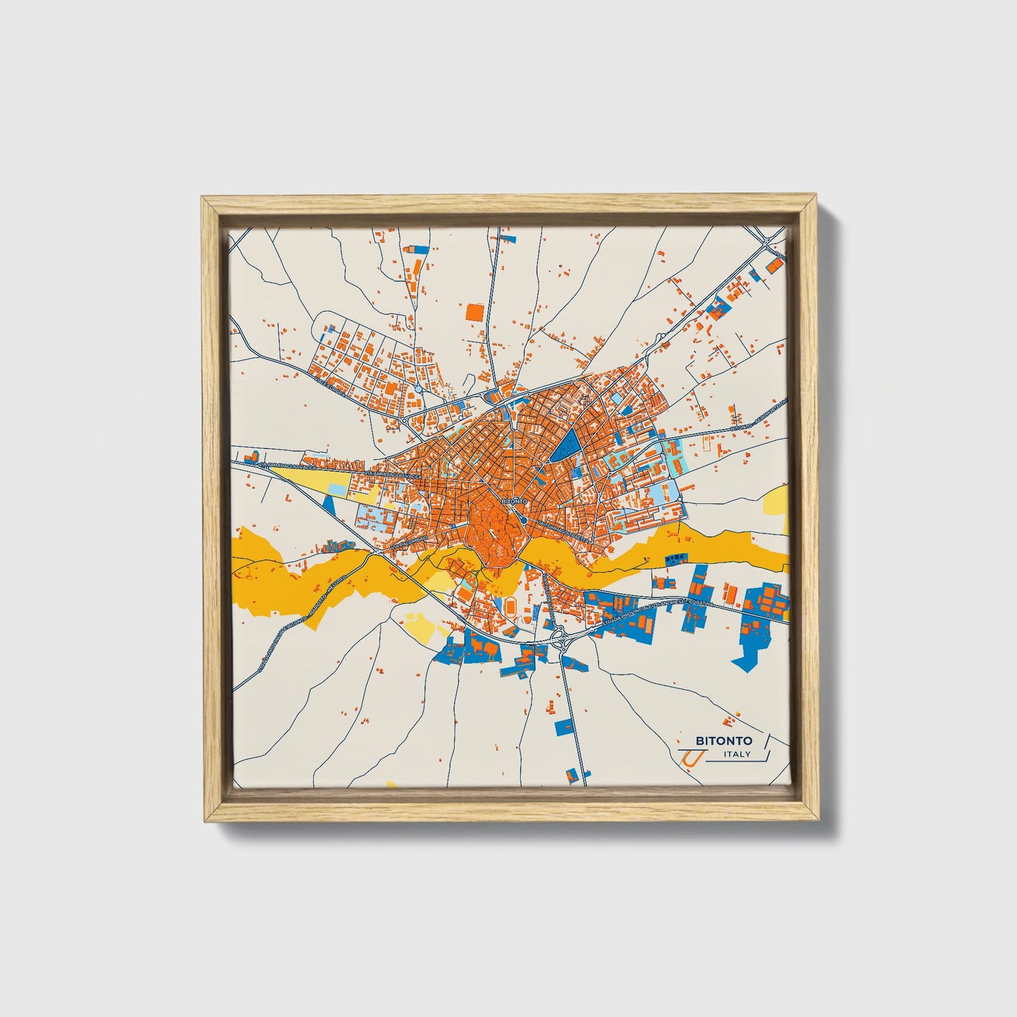Bitonto Italy Colorful City Map Canvas Print • Natural Wooden Framed