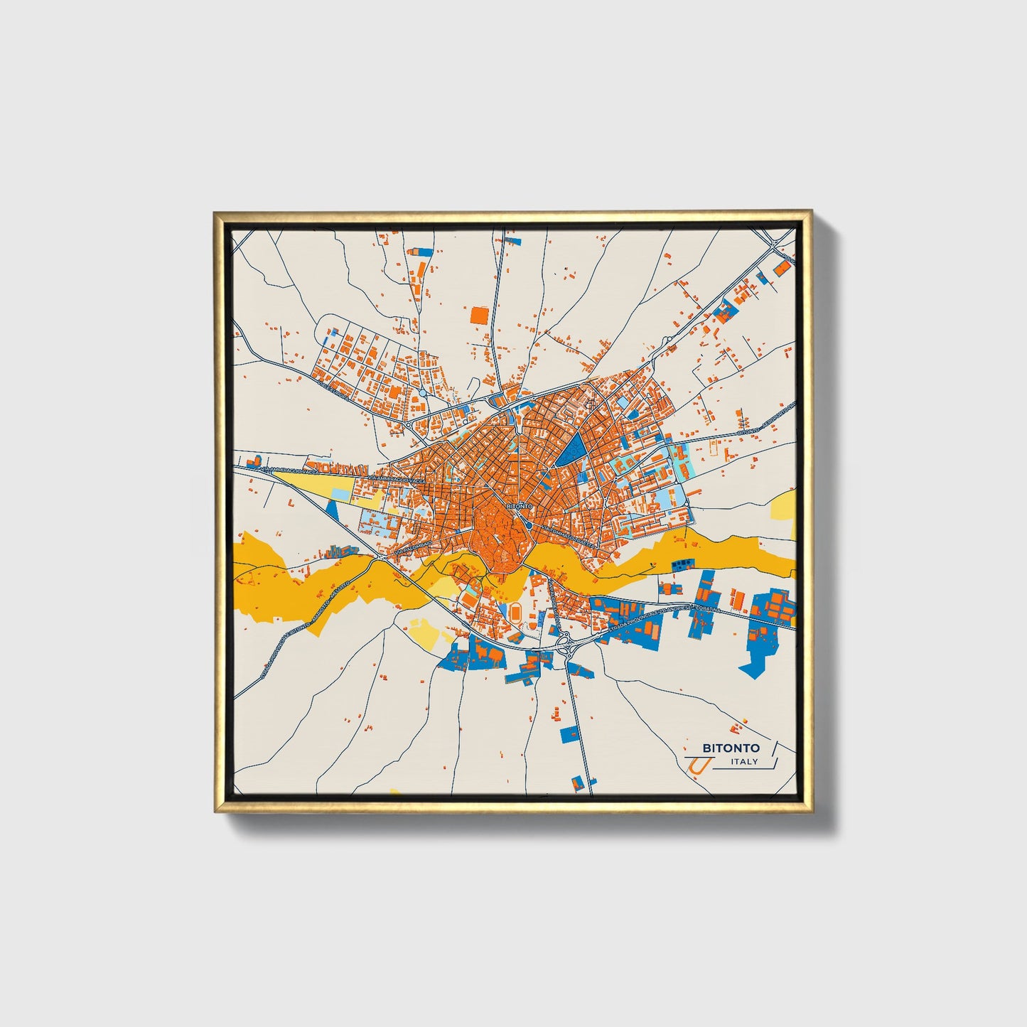 Bitonto Italy Colorful City Map Canvas Print • Gold Framed