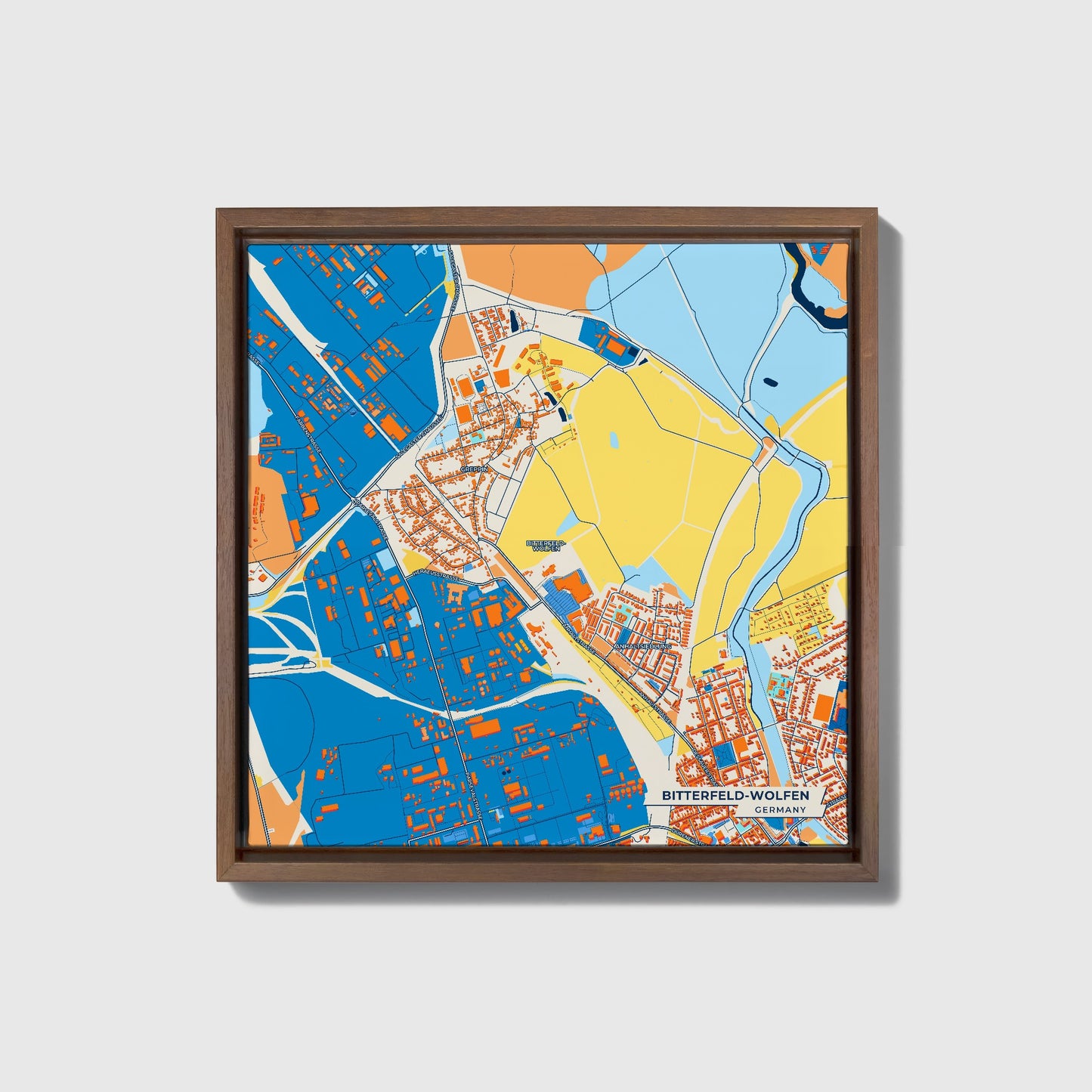 Bitterfeld-Wolfen Germany Colorful City Map Canvas Print • Dark Wooden Framed