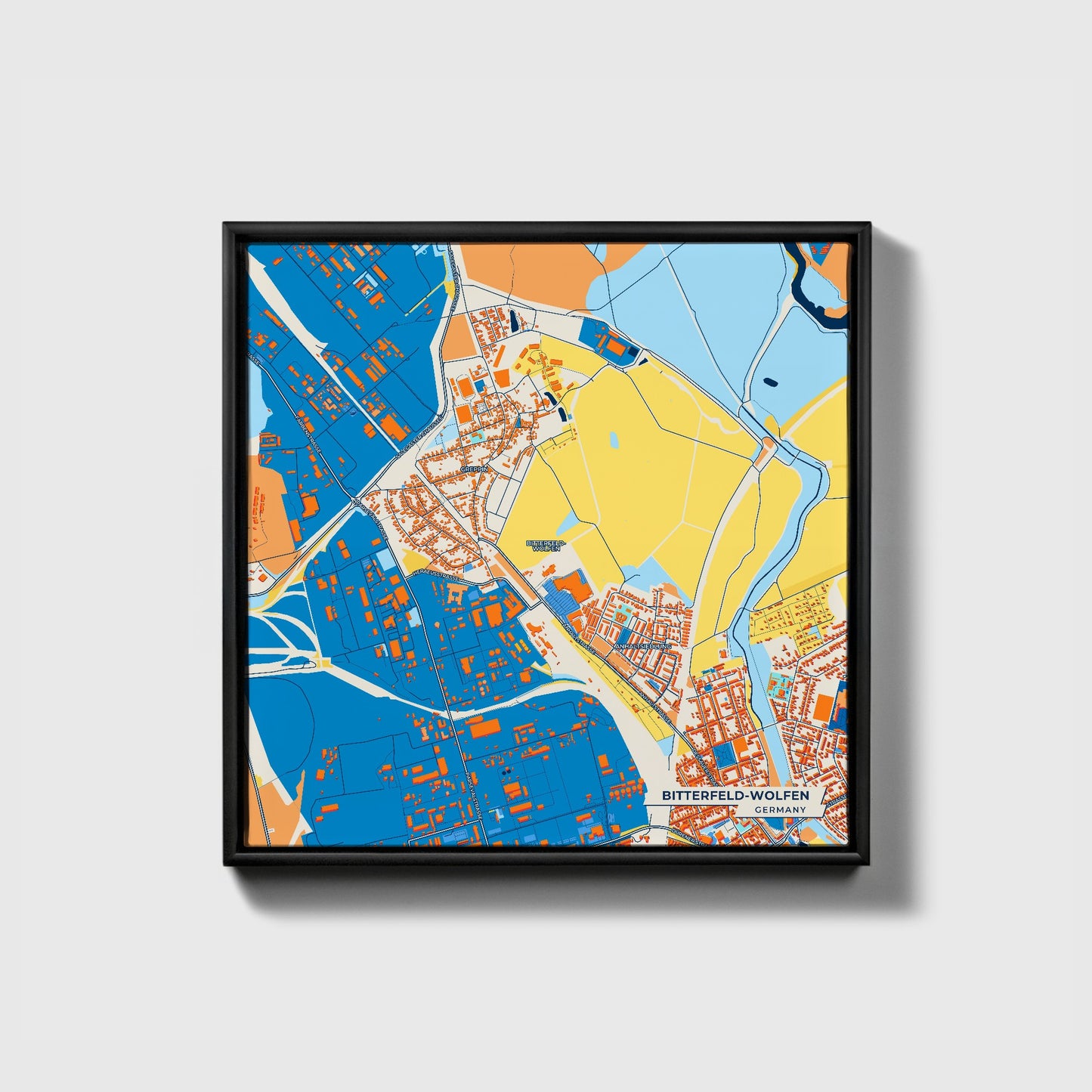 Bitterfeld-Wolfen Germany Colorful City Map Canvas Print • Black Framed