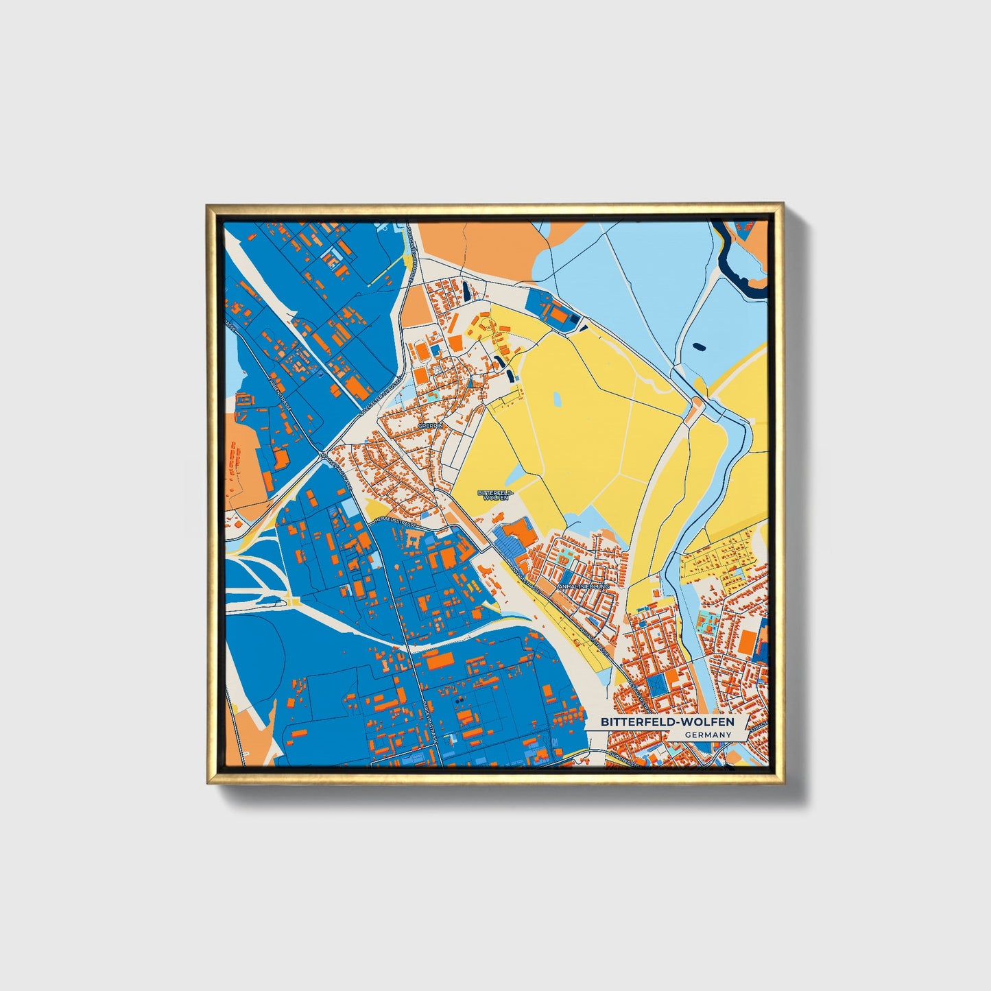 Bitterfeld-Wolfen Germany Colorful City Map Canvas Print • Gold Framed