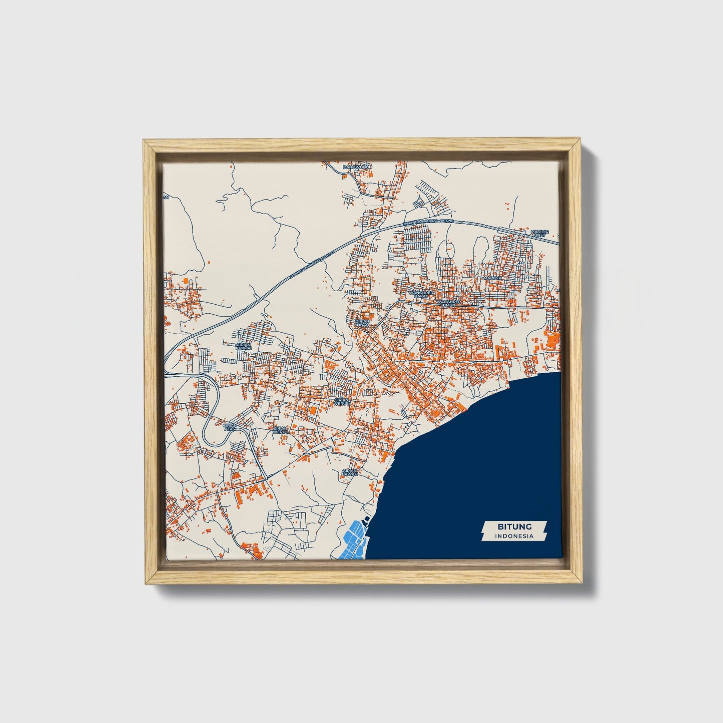 Bitung Indonesia Colorful City Map Canvas Print • Natural Wooden Framed